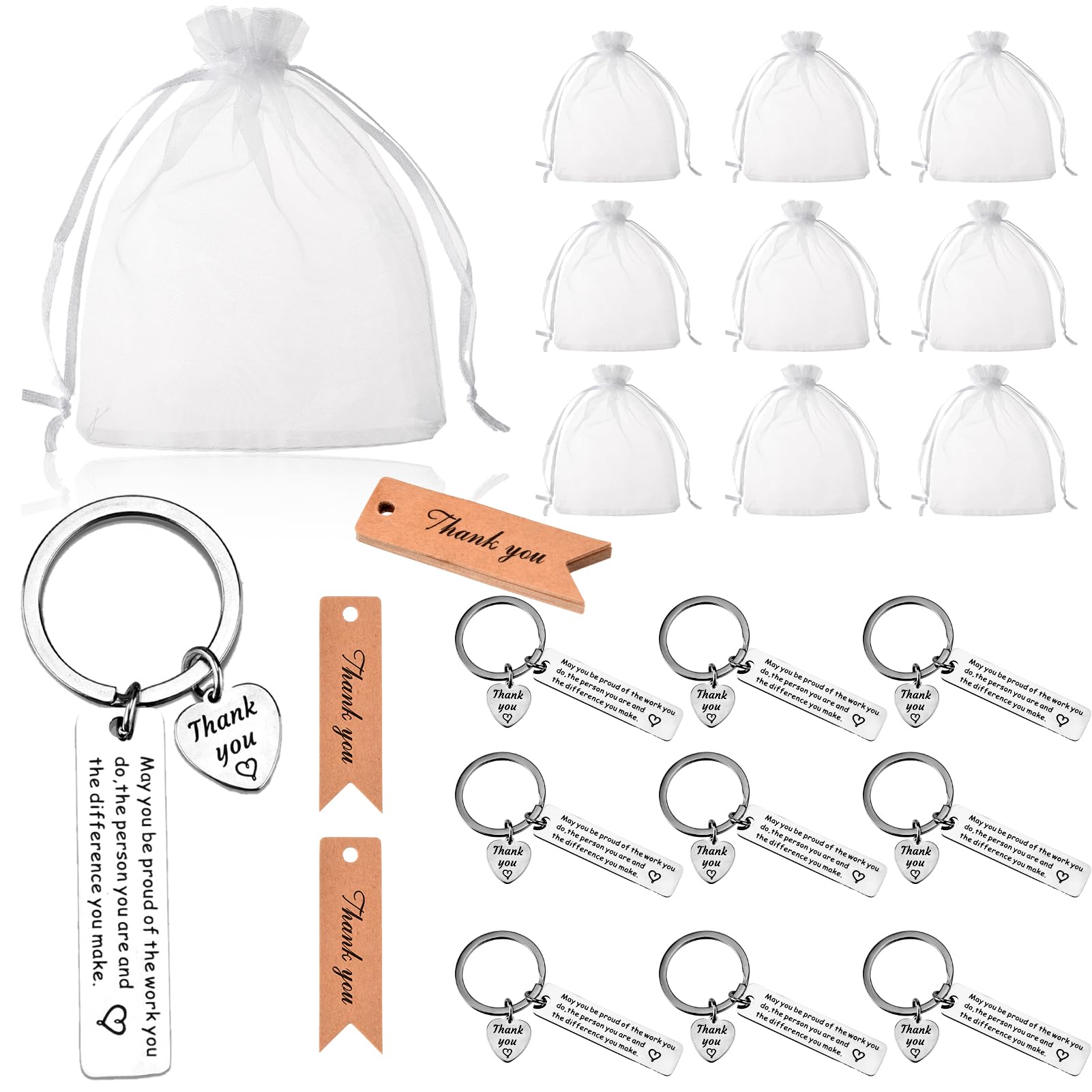 Bestomrogh Silver 10 Sets Thank You Keychain Gifts Appreciation Gifts Proud Of You Keyring Gifts With 10 Pcs White Organza Bags And Thank You Cards Inspirational Keyring For Teacher Colleague Nurse Doctor