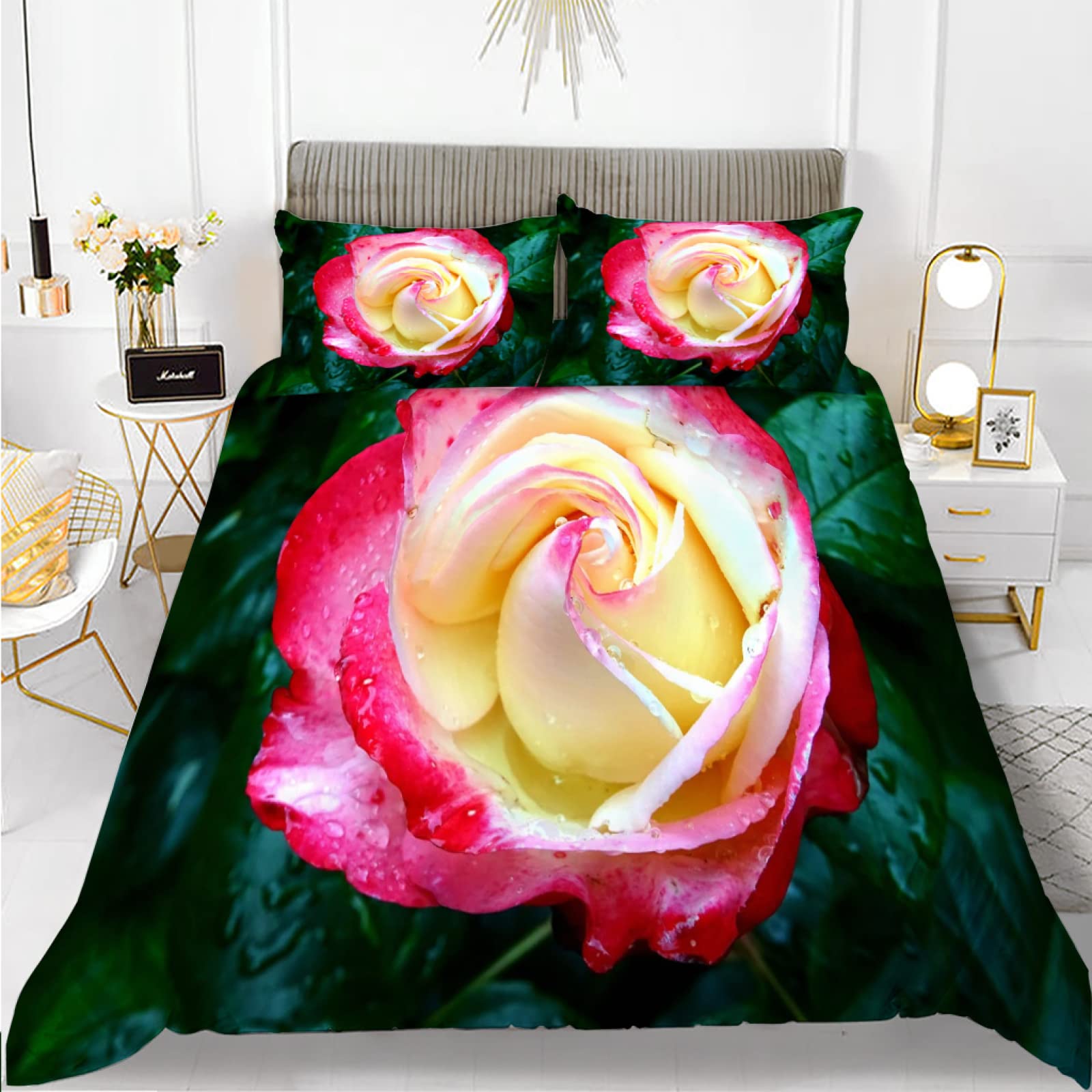Parure de lit rose et verte 220x240 pour rafraîchir la déco d'une chambre adulte