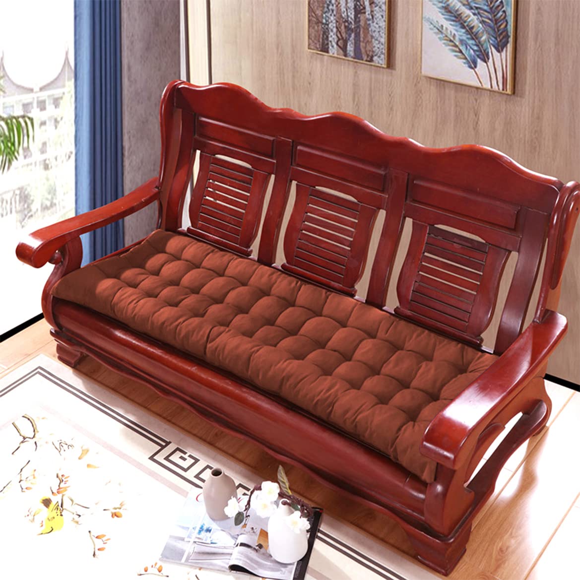 Cuscino per panca da giardino in cotone spesso, a 2/3 posti, lungo 100/120 cm, per sedia a dondolo da patio, 170 x 55 cm, colore marrone, comodo e caldo