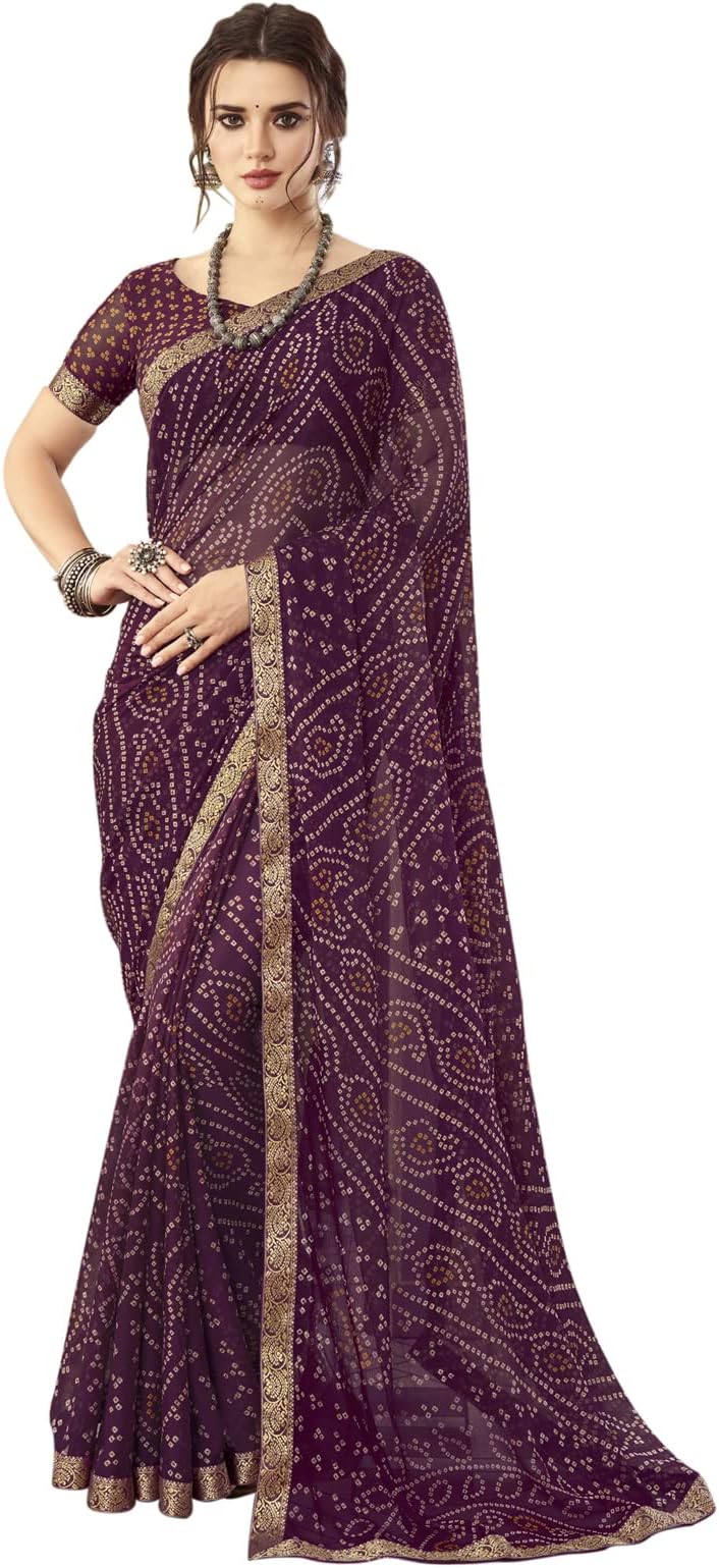 SIRILWomen's Bandhani Printed & Lace Chiffon Saree with Blouse