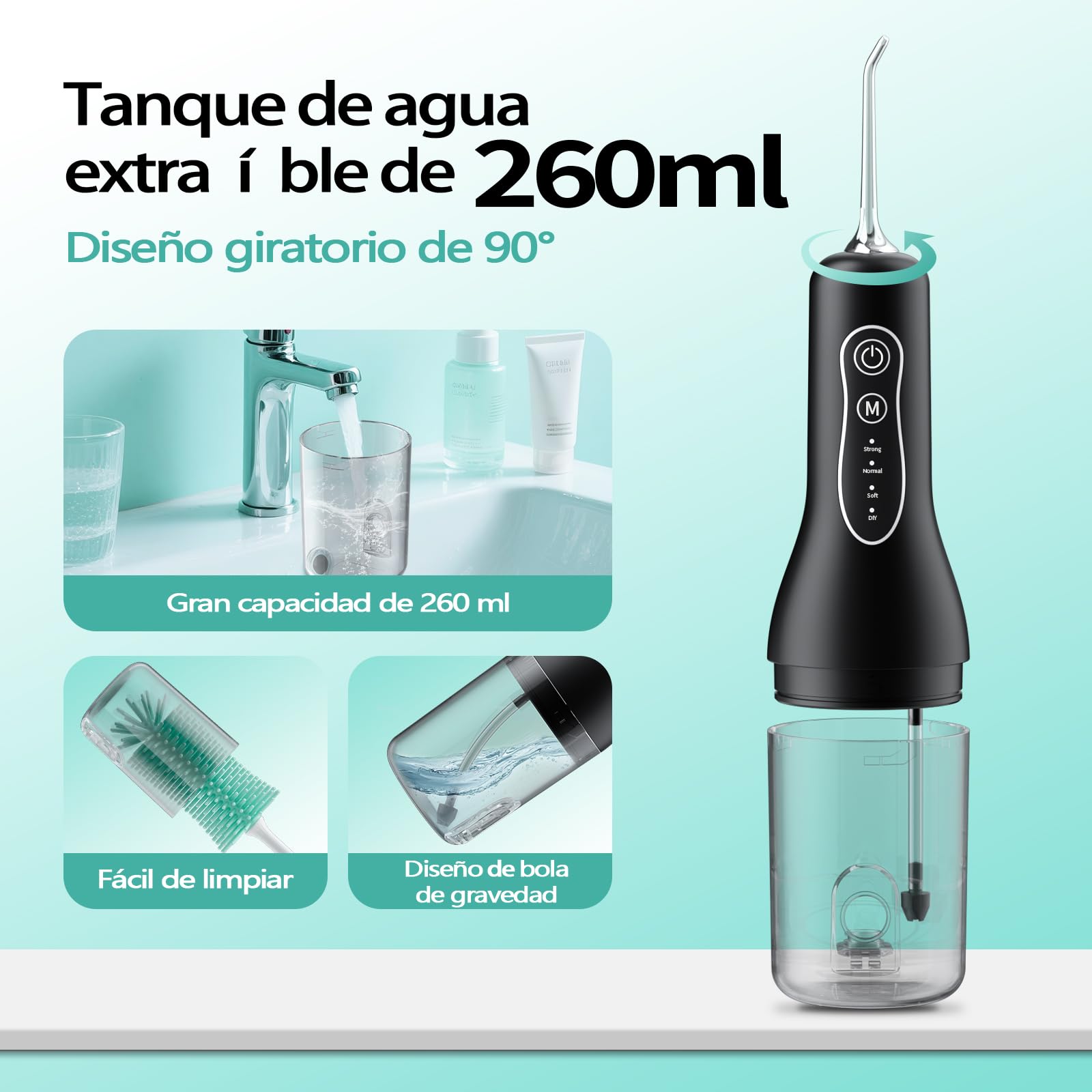 Irrigador Bucal Portatil, OasiSmile Irrigador Dental Eléctrico con Memoria Inteligente, 4 Modos y 5 Boquillas, IPX7 Impermeable 260ML USB-C Recargable Limpiador Interdental, Casa y de Viaje
