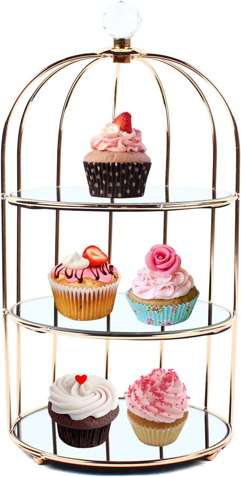 wanwanper Cake Stand, 1/2/3 Tier Bird Cage Shaped Cake Display Stand Dessert Storage Rack, Metal Cupcake Stand Dessert Display Stand for Tea Party, Wedding, Birthday, Gold (3 Layers)