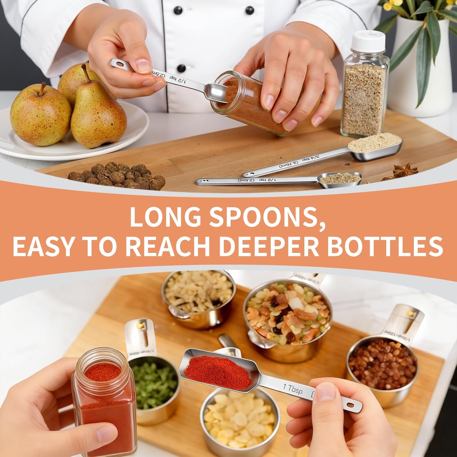 EWFEN Measuring Cups and Spoons Set, 7 Stainless Steel Nesting Measuring Cups & 7 Spoons, 5 Mini Measuring Spoons &1 Leveler, Kitchen Gadgets for Cooking & Baking, Square - Image 5