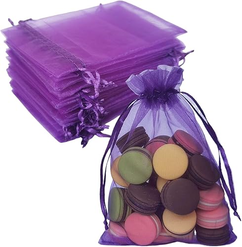 100 bolsas de regalo de 4 x 6 pulgadas, color morado, tela transparente de organza, bolsas de regalo elegantes con cordón para regalos de baby