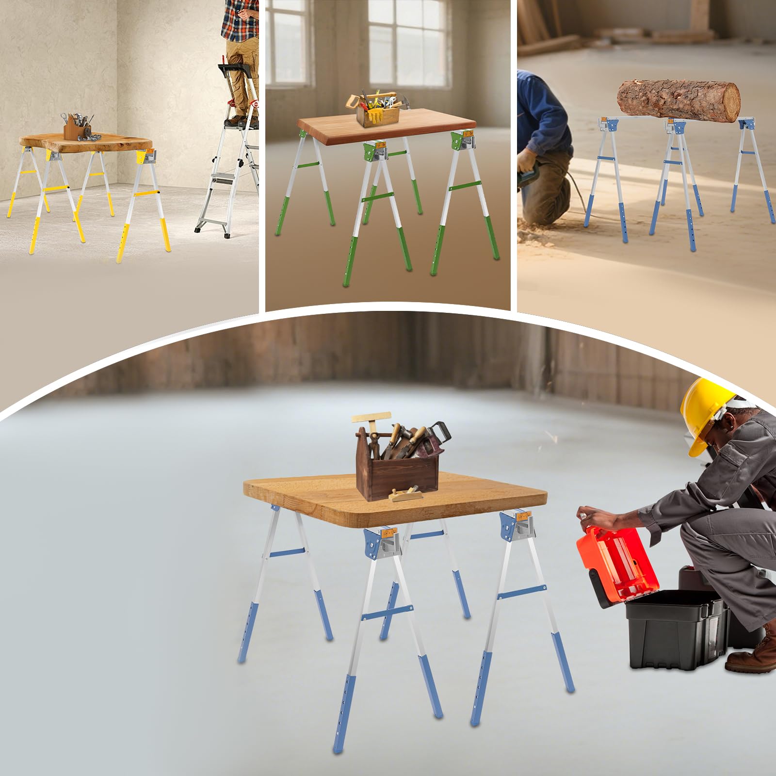 Juego de 2 caballetes de trabajo plegables, altura regulable hasta 1200 kg | Caballete plegable con 6 alturas y 4 ganchos para taller, garaje, construcción y jardín