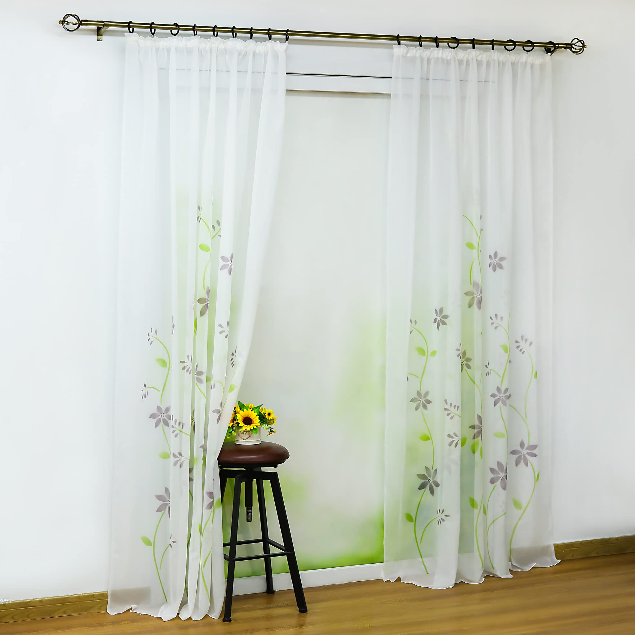 Yujiao Mao Voile Gardine mit Blumendruck Flowers farbenfrohe Vorhänge Schal mit Kräuselband 1er Pack Violett BxH 150x175cm