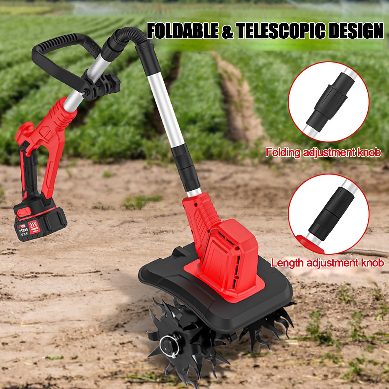 Rotavator eléctrico inalámbrico de mano con mango ajustable, eficaz para arar tierras de cultivo, tierra suelta y páramos, incluye baterías