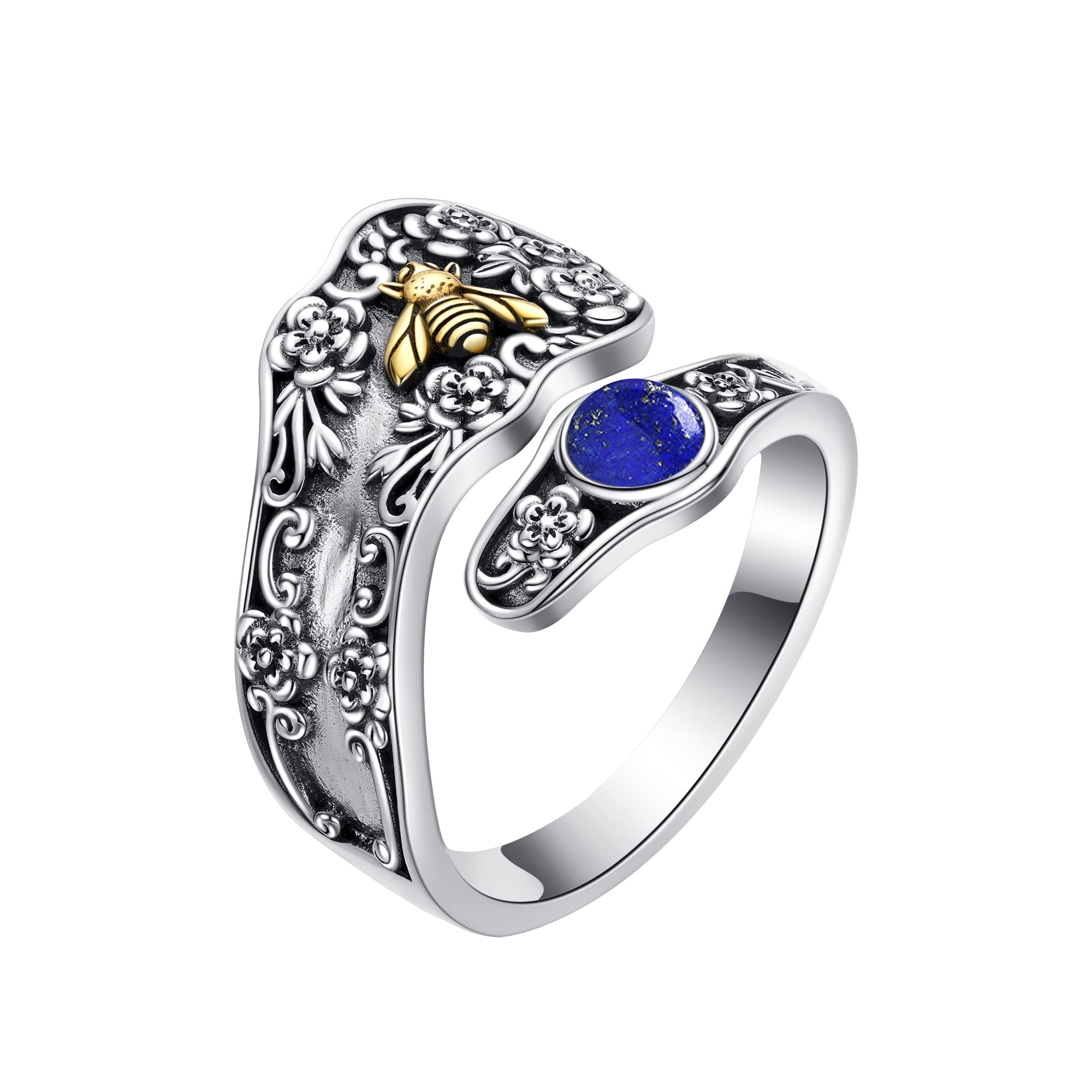 925 Sterling Silber Floral/Totenkopf Löffel Ring Vintage Verstellbarer Daumen Ring für Frauen Edelstein Ringe für Schwester Tochter Freund