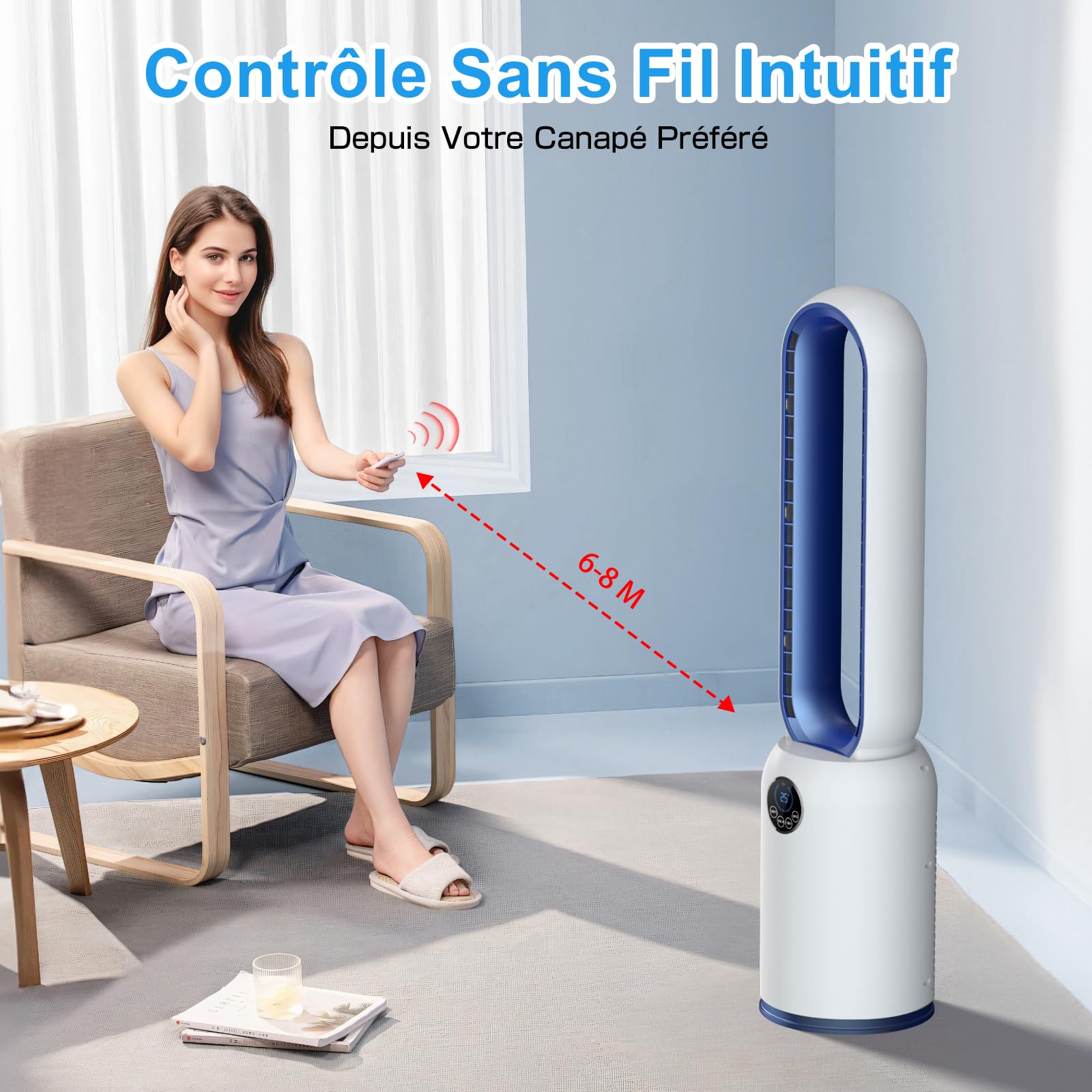 Ventilateur Colonne Silencieux, 90° Oscillation&24 Vitesses pour Ventilateur Sans Pale, Ventilateur Tour avec 12H Minuteries, Ventilateur Sans Lame avec Télécommande et Ecran Tactile (Bleu)