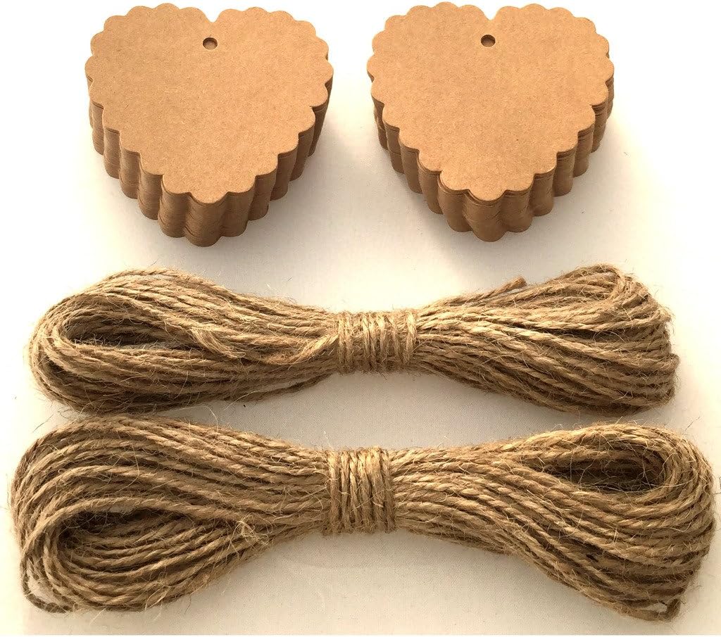 LWR CRAFTS 100 Hang Tags Scalloped Heart with Jute Twines 100ft (2 1/2" x 2 3/8", Kraft)