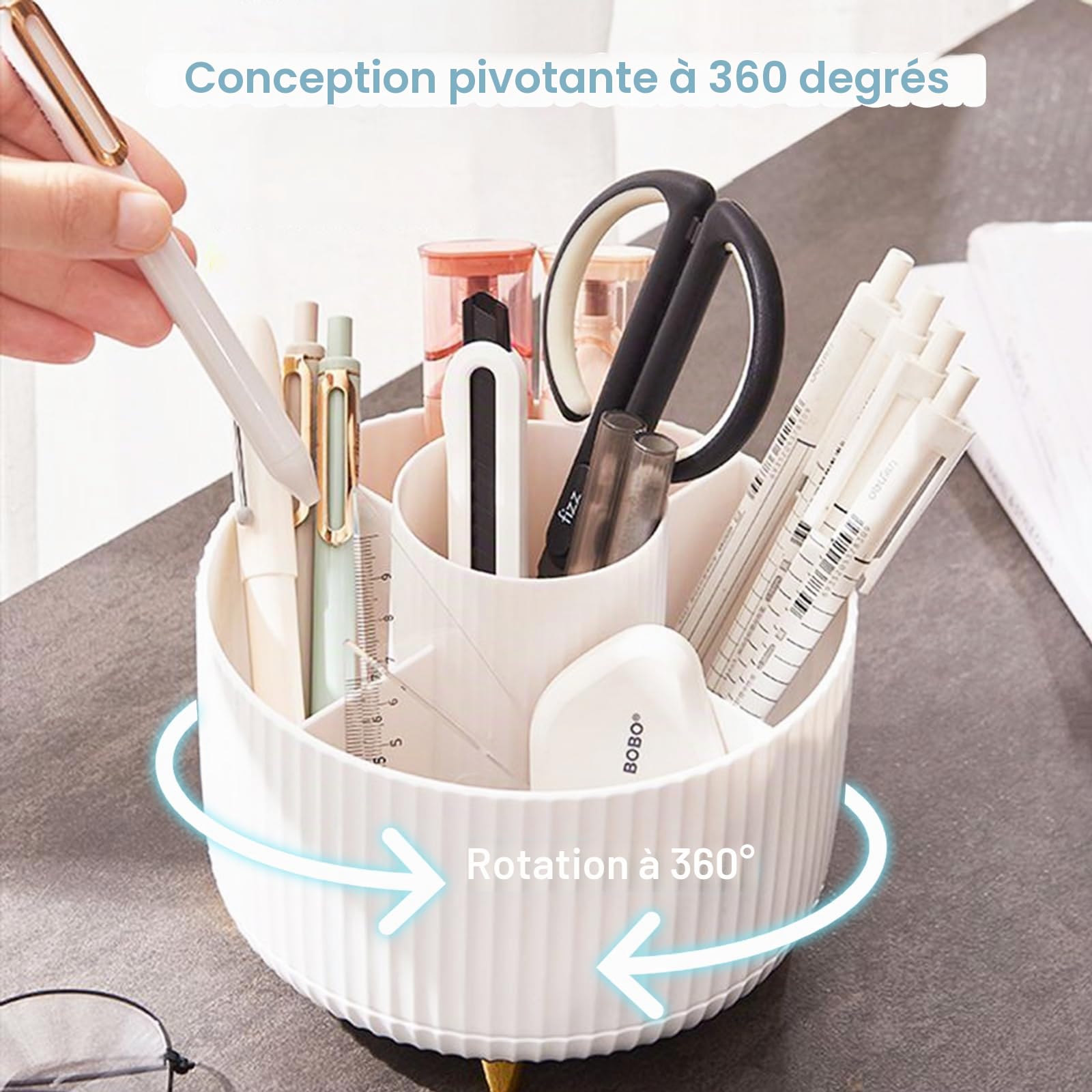 Cayxenful Organisateur De Bureau Rotatif à 360°,Pot A Crayon avec 5 Compartiments,Organiseur De Papeterie pour Le, l'école, Les Crayons A Domicile (Blanc)
