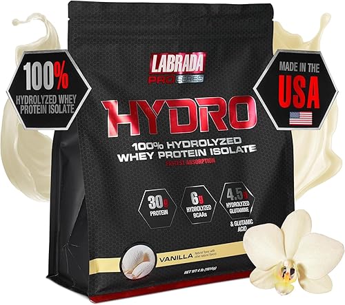 Labrada Hydro - Polvo aislado de proteína de suero hidrolizado 100% puro, sin lactosa, glutamina, suero de digestión más rápida disponible, mezcla