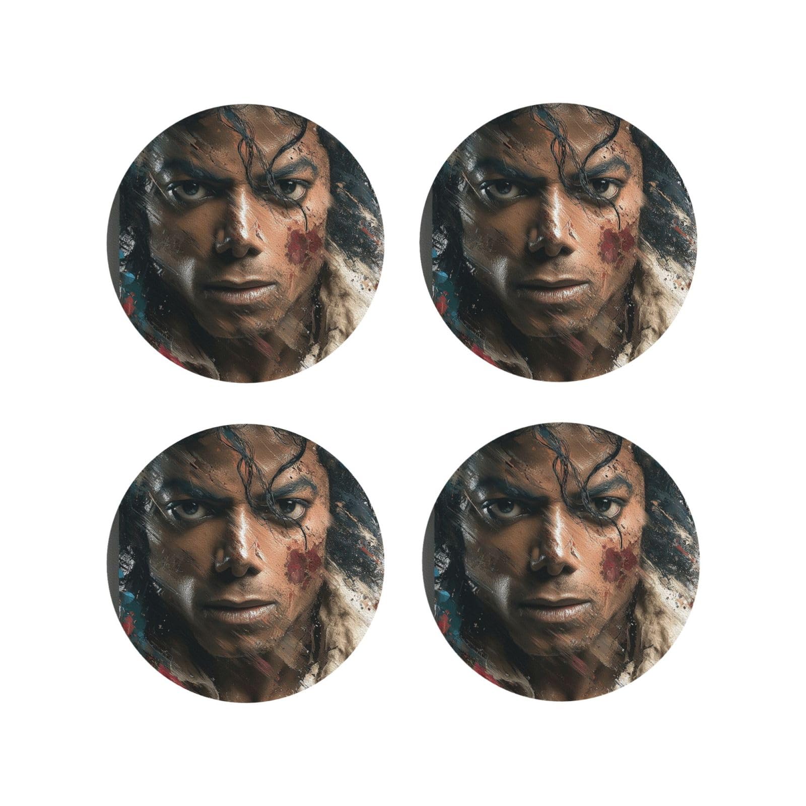 Coasters Set of 4 Round Leather Coaster Quick-Dry Drink Michael Jackson Coasters for Desk Absorbent Mugs Pads Tabletop Protection Pad Heat Resistant Coffee Cup Mat for Kitchen Bar