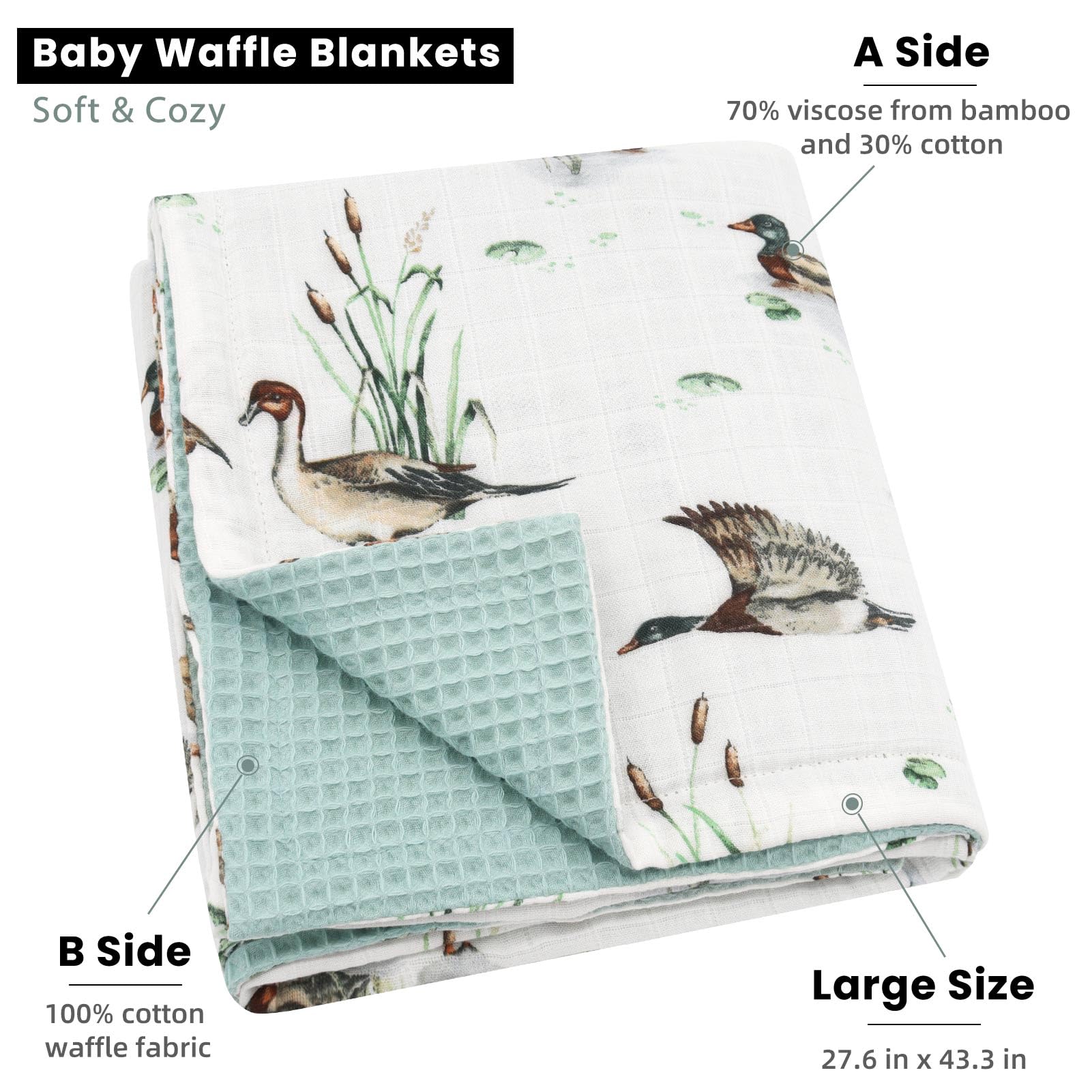 LifeTree Mantas de bebé de gofre, manta de muselina para niños y niñas, 2 capas para cochecito de cuna con parte delantera de muselina y respaldo de gofre para bebés recién nacidos