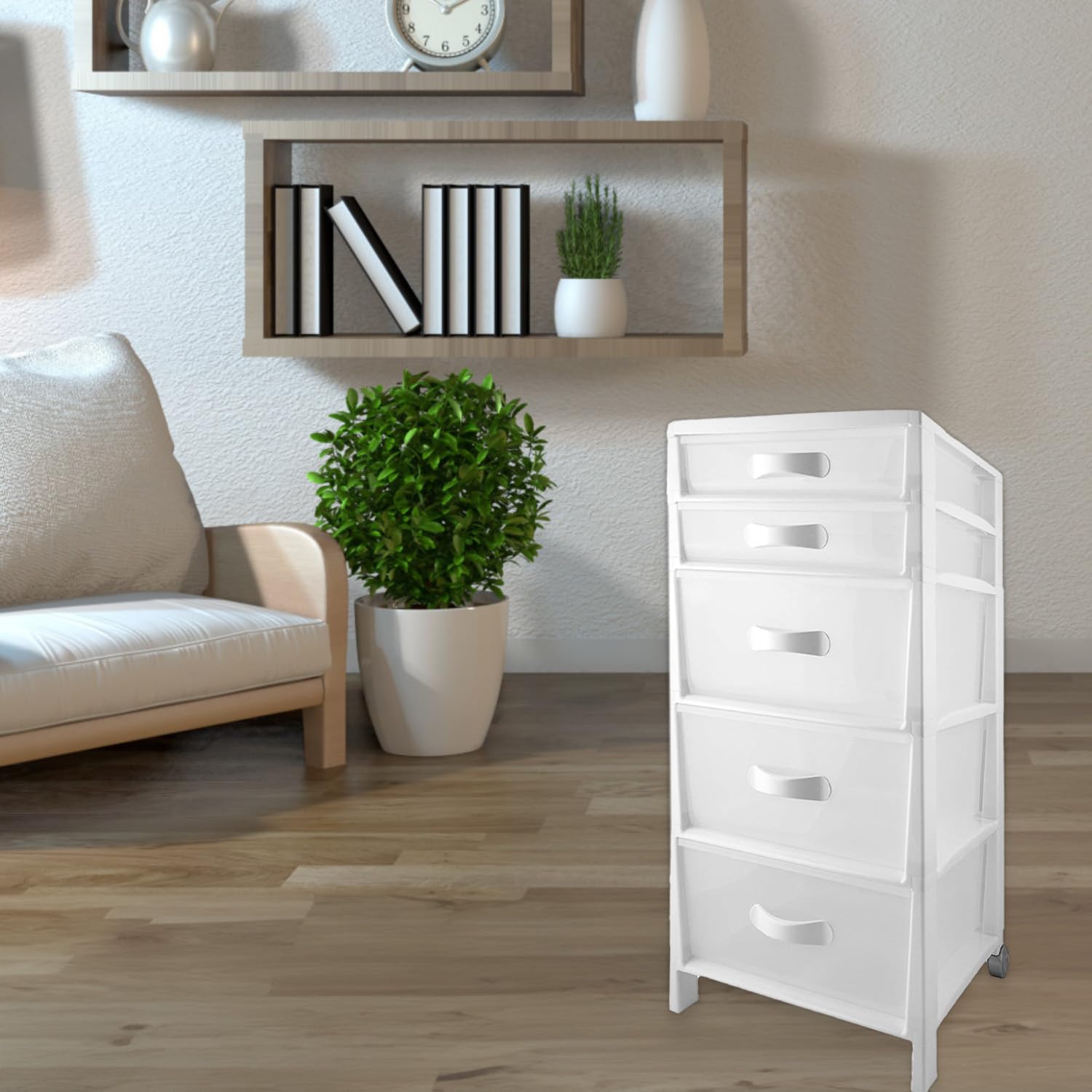 Organizzatore Multifunzione con 5 Cassetti Bianca, Ideale per Camera, Cucina, Bagno e Ufficio - Mobiletto con Cassetti Trasparenti 39.5x38x82cm