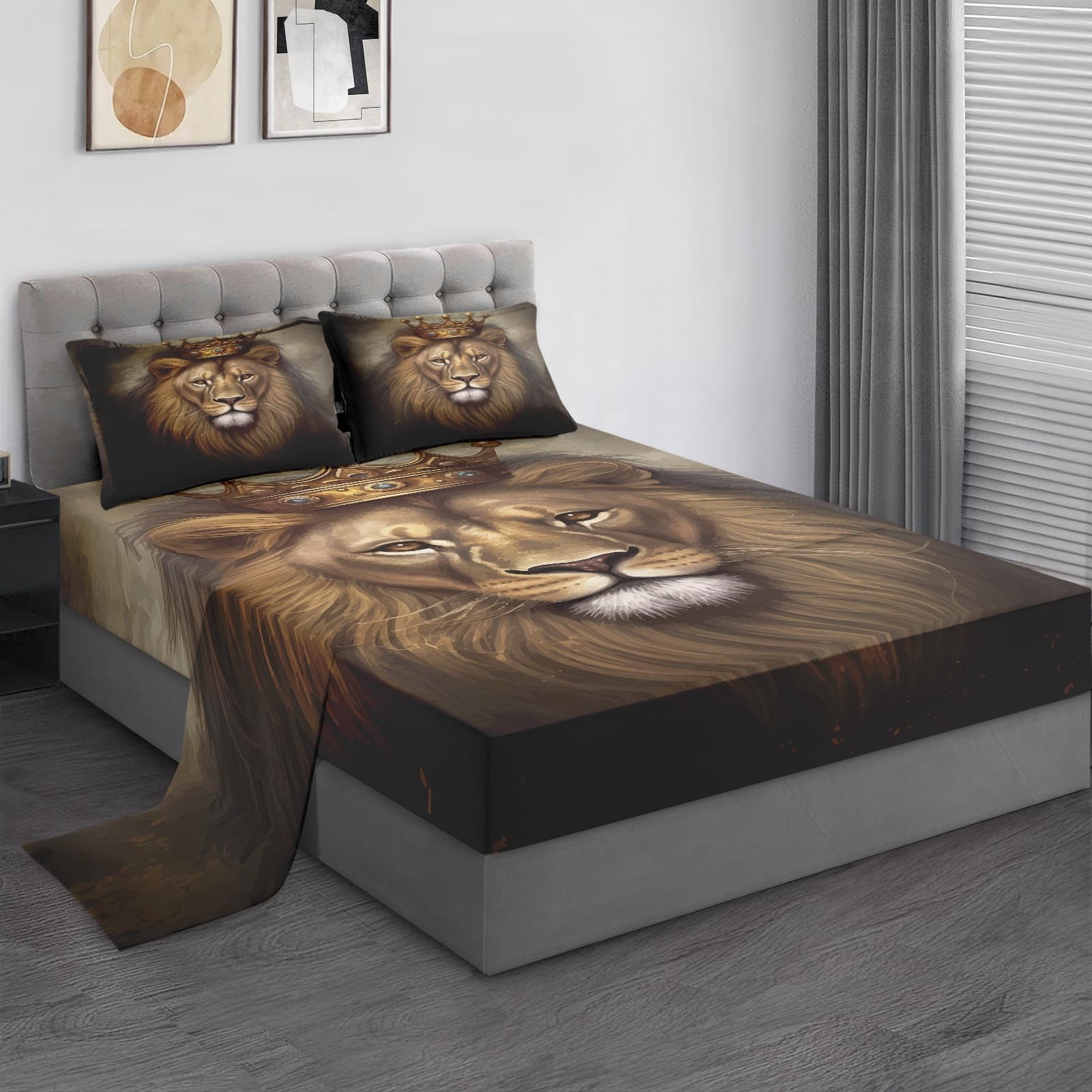 Full Size Bed Sheet Sets, King Lion Golden Soft Microfiber S4 Pcs Bedding Sets for Kids and Adults Bedroom Bed Decor, Animal Cat Flat, Fitted Sheet and 2 PillowcasesOEKO-TEX STANDARD 100