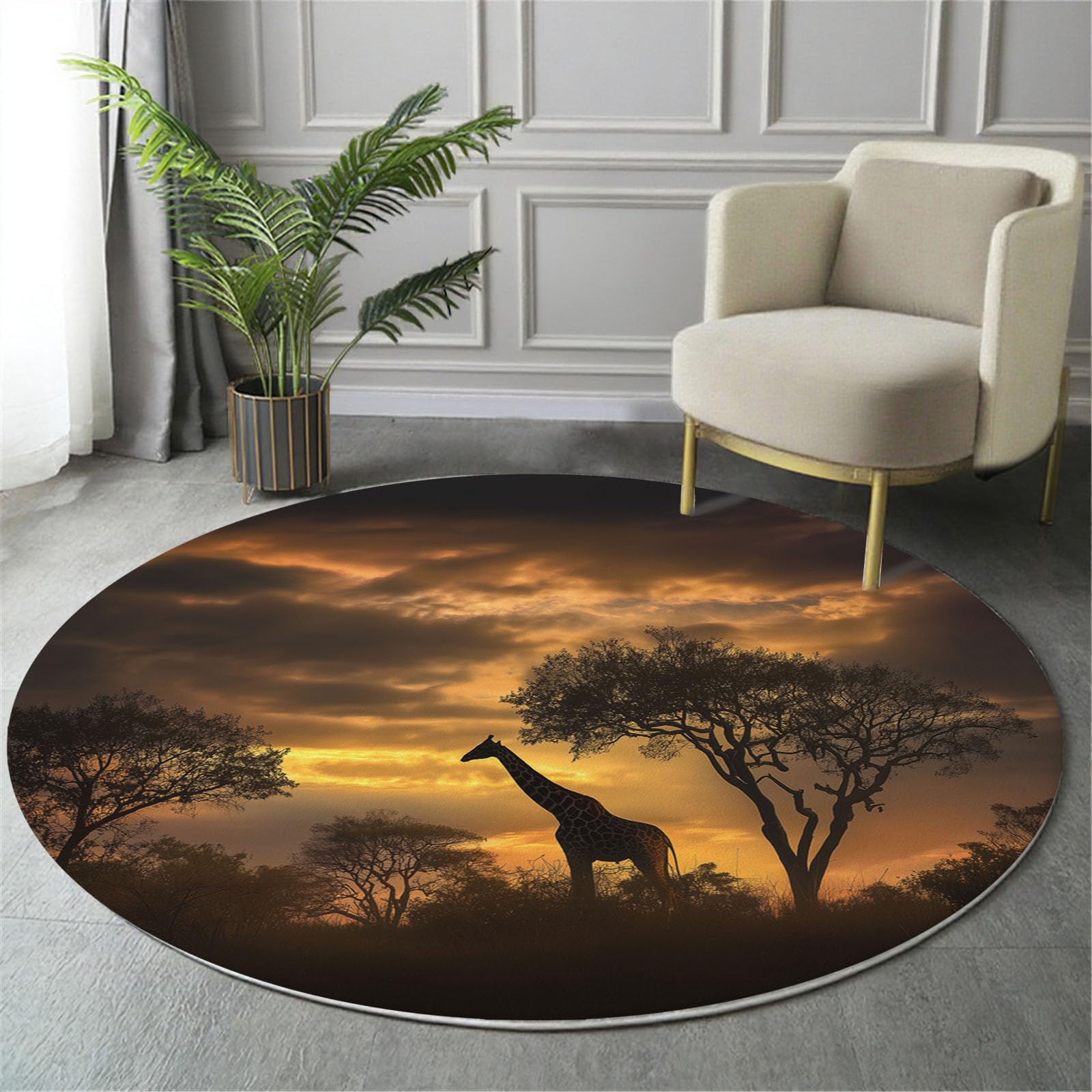 Tapis rond paysage de coucher de soleil africain orange 180cm de salon