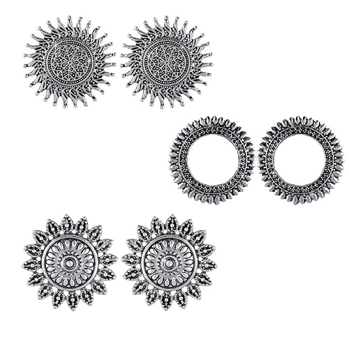 Yellow Chimes Traditional Silver Oxidised Combo Ethnic Stud Earrings for Women and Girls?