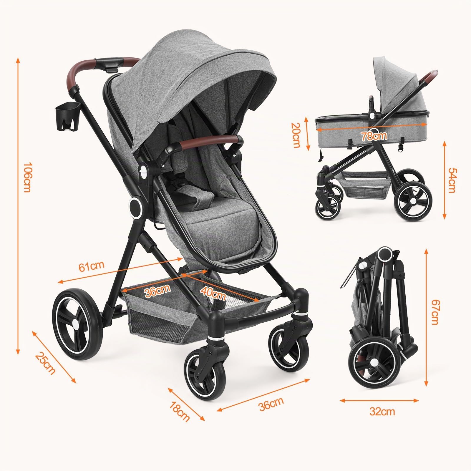 Cochecito 2 en 1, compacto y ligero, plegable, con asiento reclinable, capazo ajustable, para todo tipo de terrenos, 0-3 años (Gris)