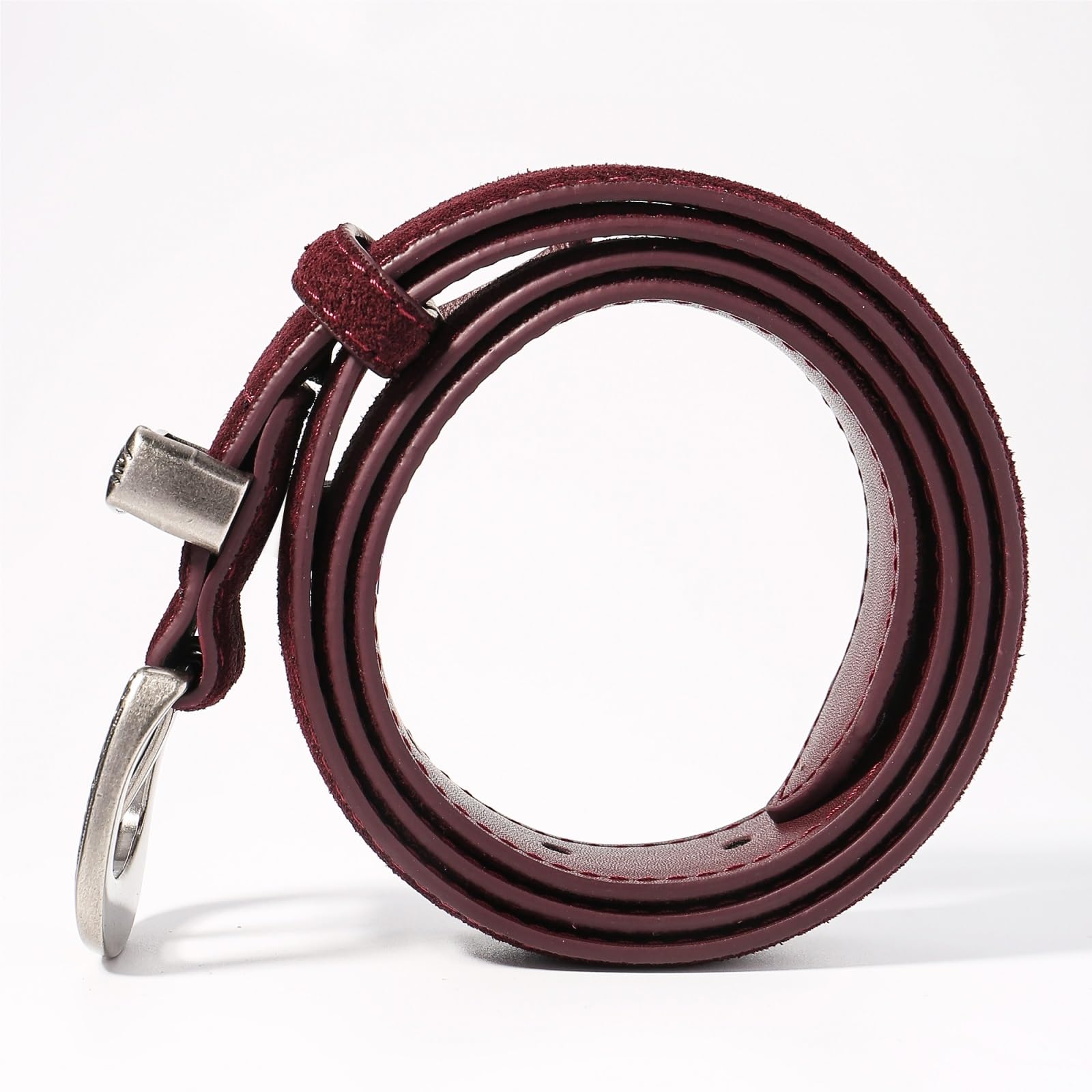 Cinturón de ante Cinturón de piel vaca ante for mujer, cinturón cintura rojo vino con hebilla plateada Vintage 3cm ancho for pantalones vaqueros vestir