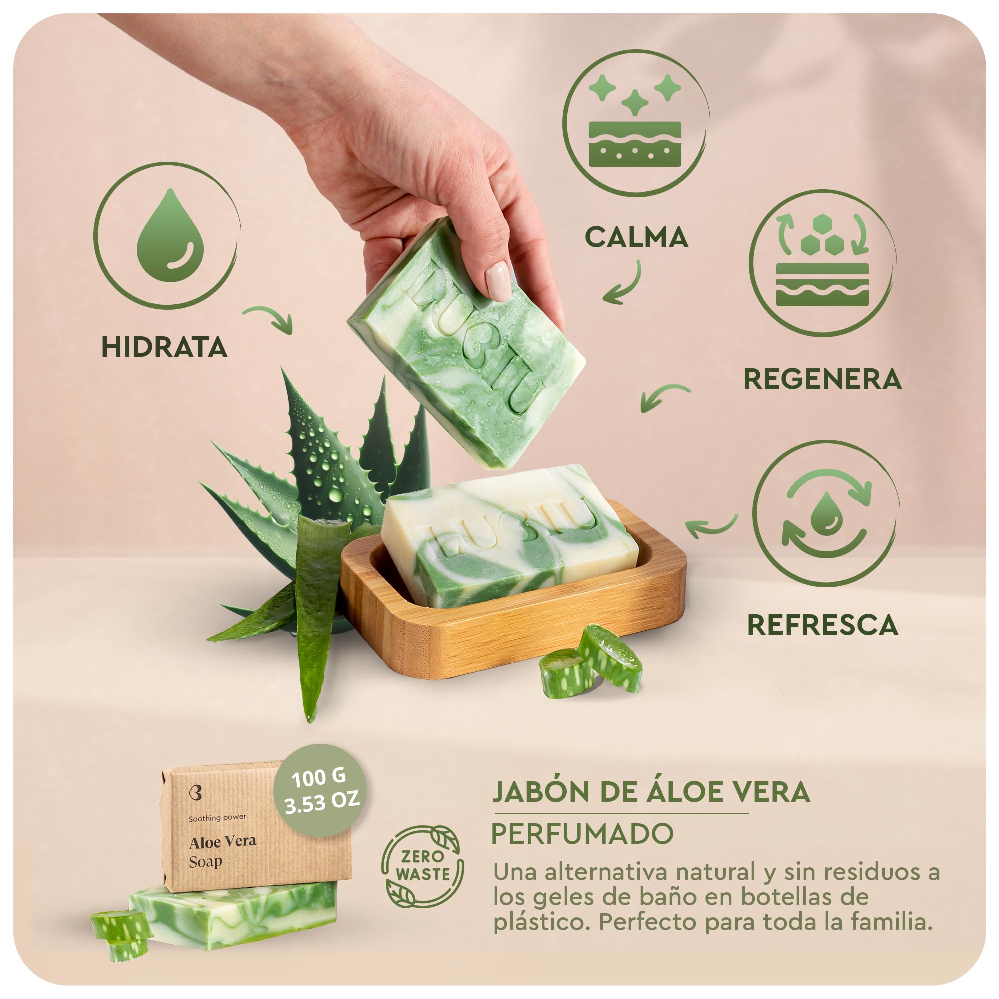 Jabón Natural de Aloe Vera - 100g Jabon de Manos Pastilla Jabon Cuerpo y Pastilla de Jabon Facial Para Hidratar y Nutrir la Piel - Jabones Artesanales — view 3
