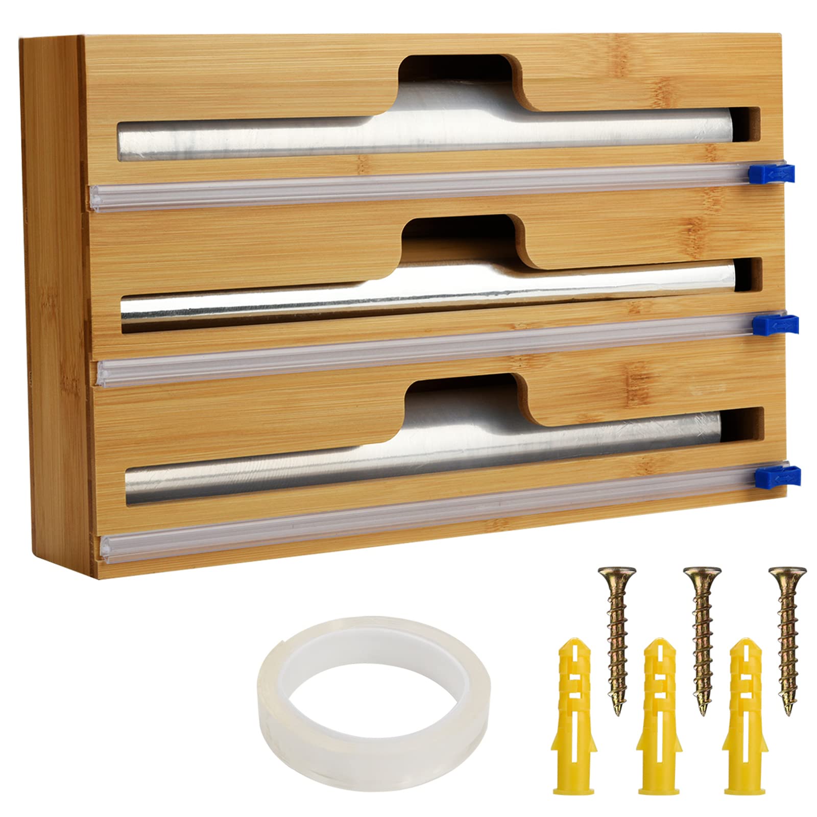 Ustopfire Plastic Wrap Dispenser with Slide Cutter and Double Sided Tape, 3-in-1 Bamboo Storage Dispenser for Aluminum Foil and Cling Film and Parchment Paper, Compatible with 12" Roll