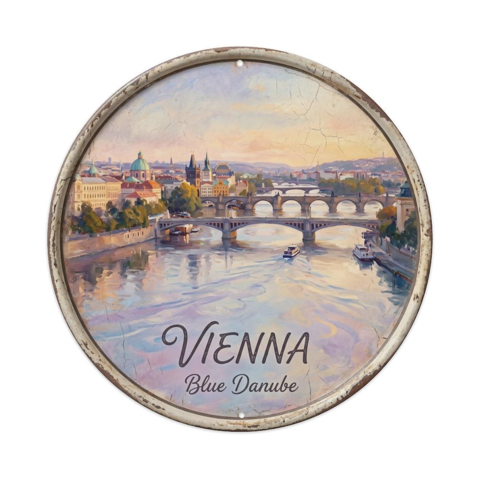 Vintage Travel Vienna Danube River Metal Tin Sign Plaque Wall Decor for Cafe, Club Bar, Office, Home Garden Round Metal Poster 8x8Inch