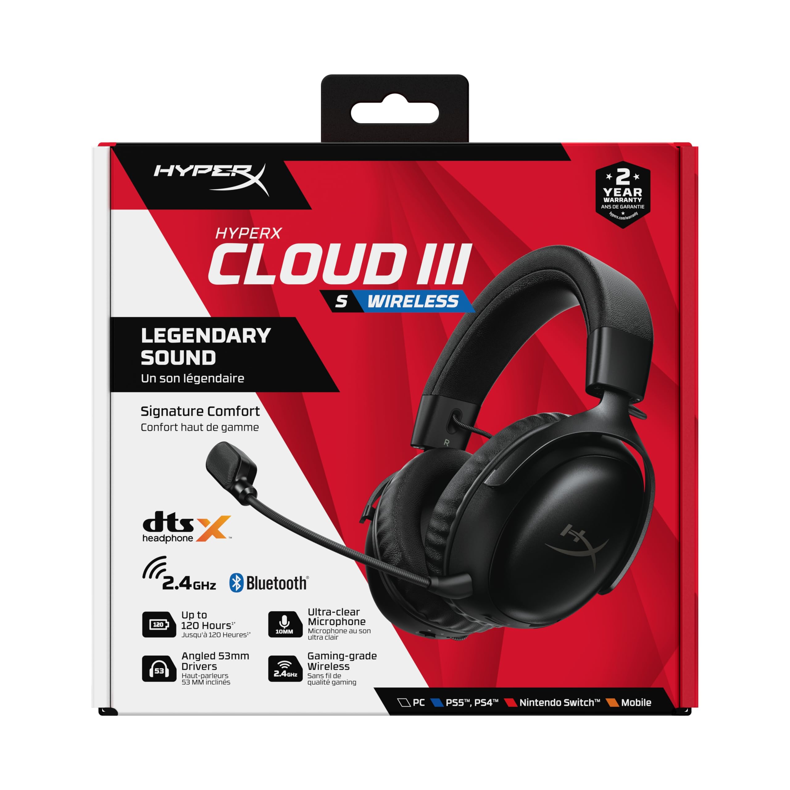 HyperX Cloud III S Casque Gaming sans Fil Bluetooth 2,4 GHz PC PS5 Xbox 200h Batterie 53 mm DTS Micro 10 mm Noir