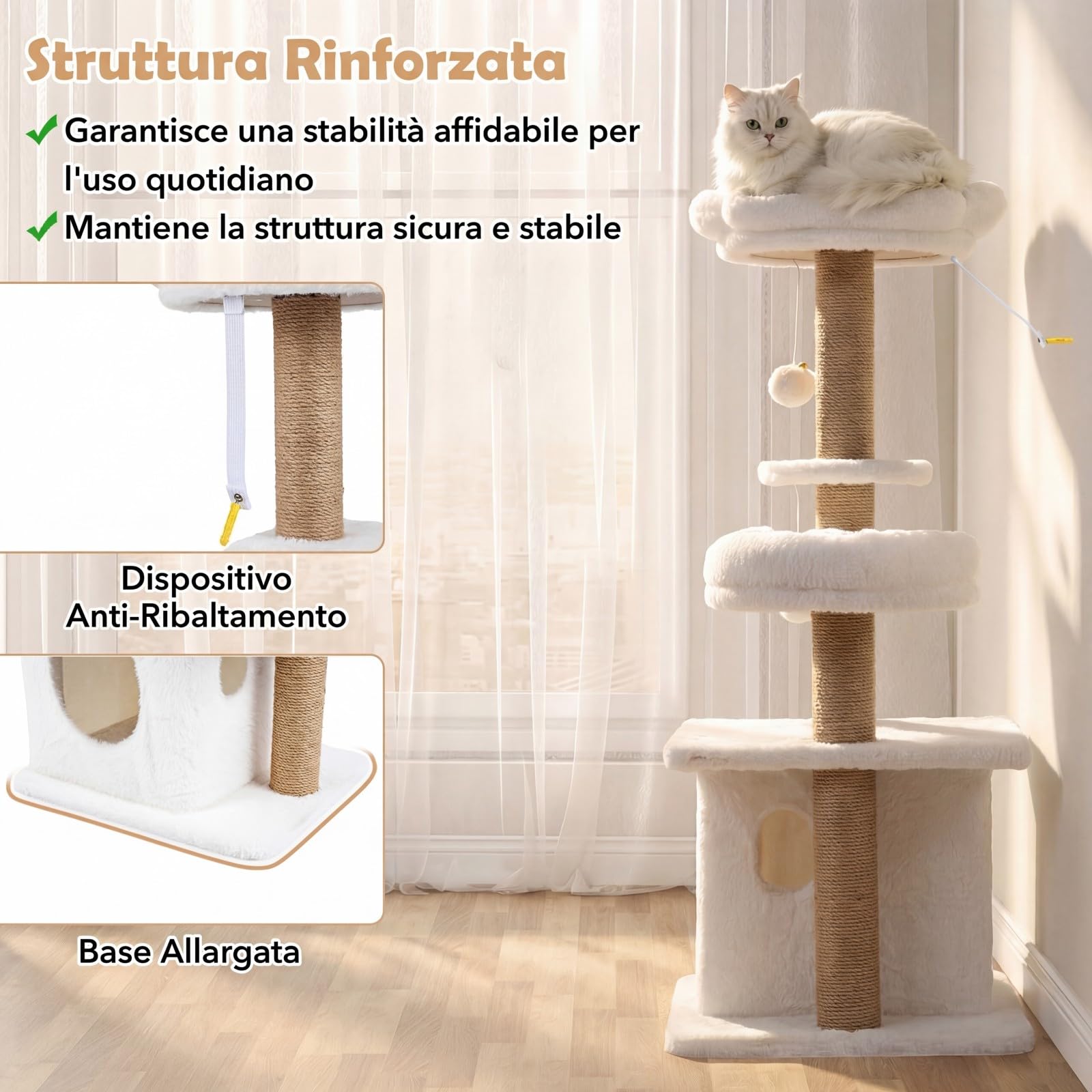 COSTWAY Albero per Gatti, Alberi Tiragraffi Alta 96 cm con Poggiolo Imbottito a Forma di Fiore, Condo Accogliente & Letto per Gatti, 2 Palline con Campanelli Appese & Posti per Graffiare (Bianco)