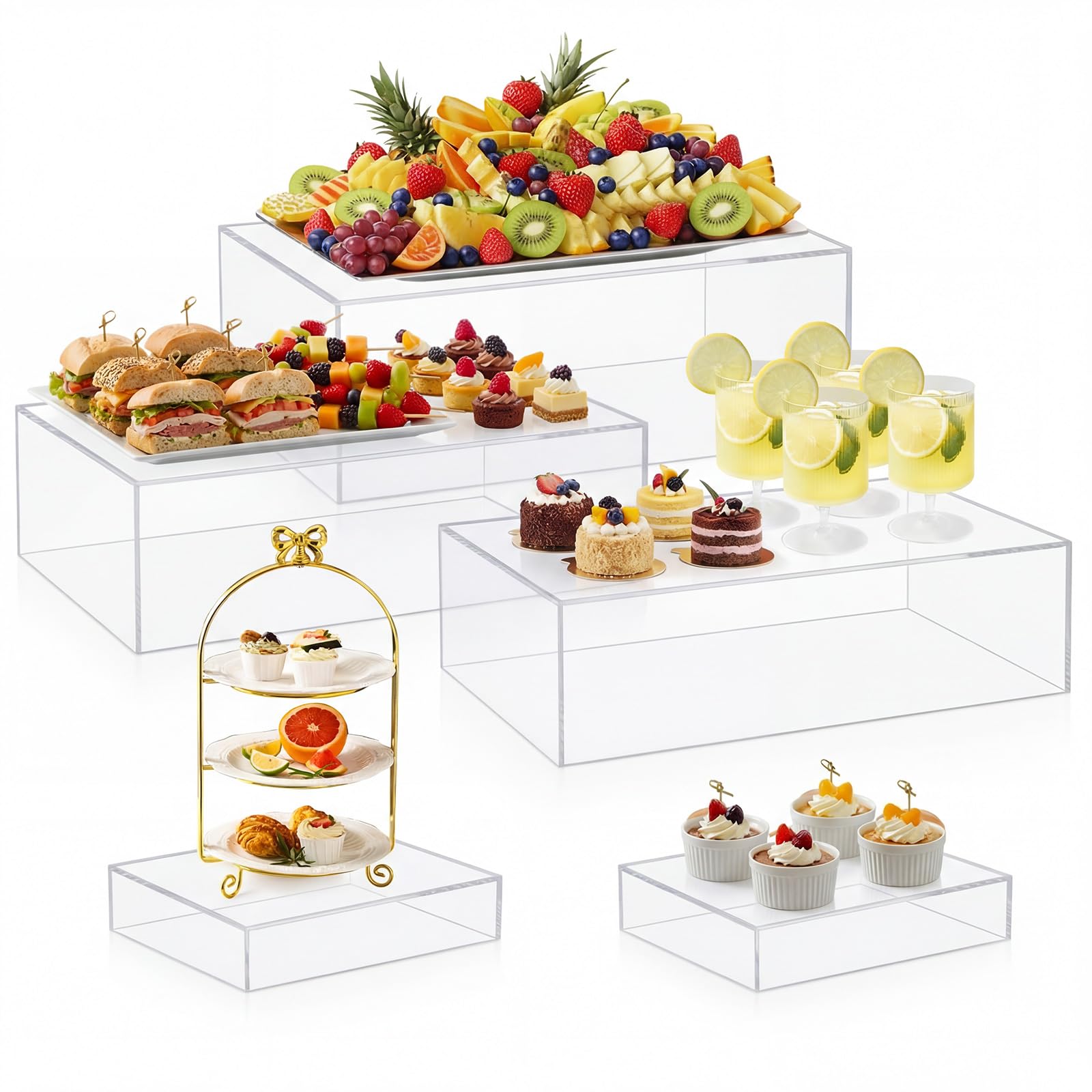 Leinuosen 5 Pcs Large Buffet Risers Set Rectangle Display Acrylic Box Catering Dessert Table Riser Food Display Decorative Stand with Hollow Bottom for Catering(Clear)