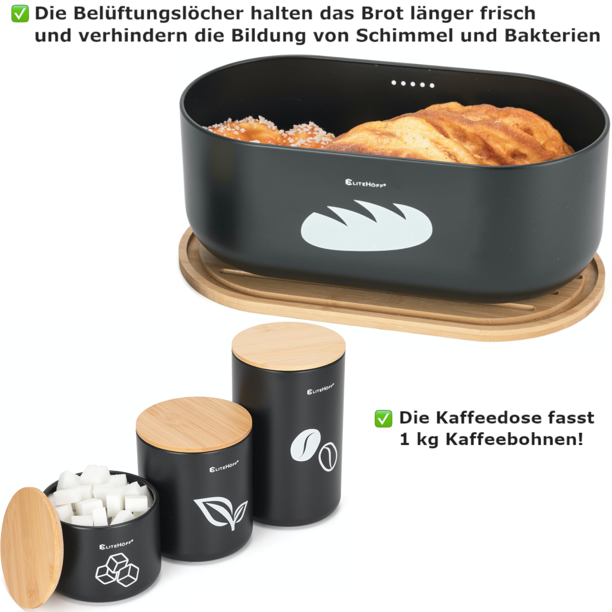 EliteHoff Brotkasten mit Schneidebrett + Vorratsdosen 3er Set (Kaffeedose Teedose Zuckerdose) oder Brotbox mit Butterdose | Brotkorb Metall Schwarz mit Bambusdeckel - 35x19x14cm (4er Set)