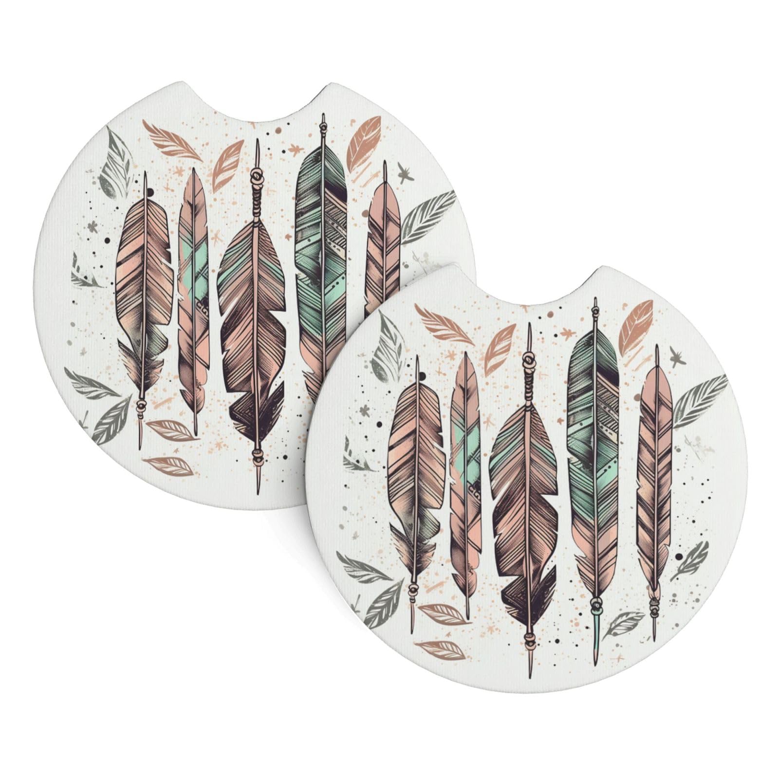 2PCS Car Coaster for Cup Holders Universal Auto Cup Mat Arrow Feather Dream Cup Coaster Pad 2.7" Waterproof Neoprene Non-Slip Cup Holder Coasters Car Interior Accessories for Women Men