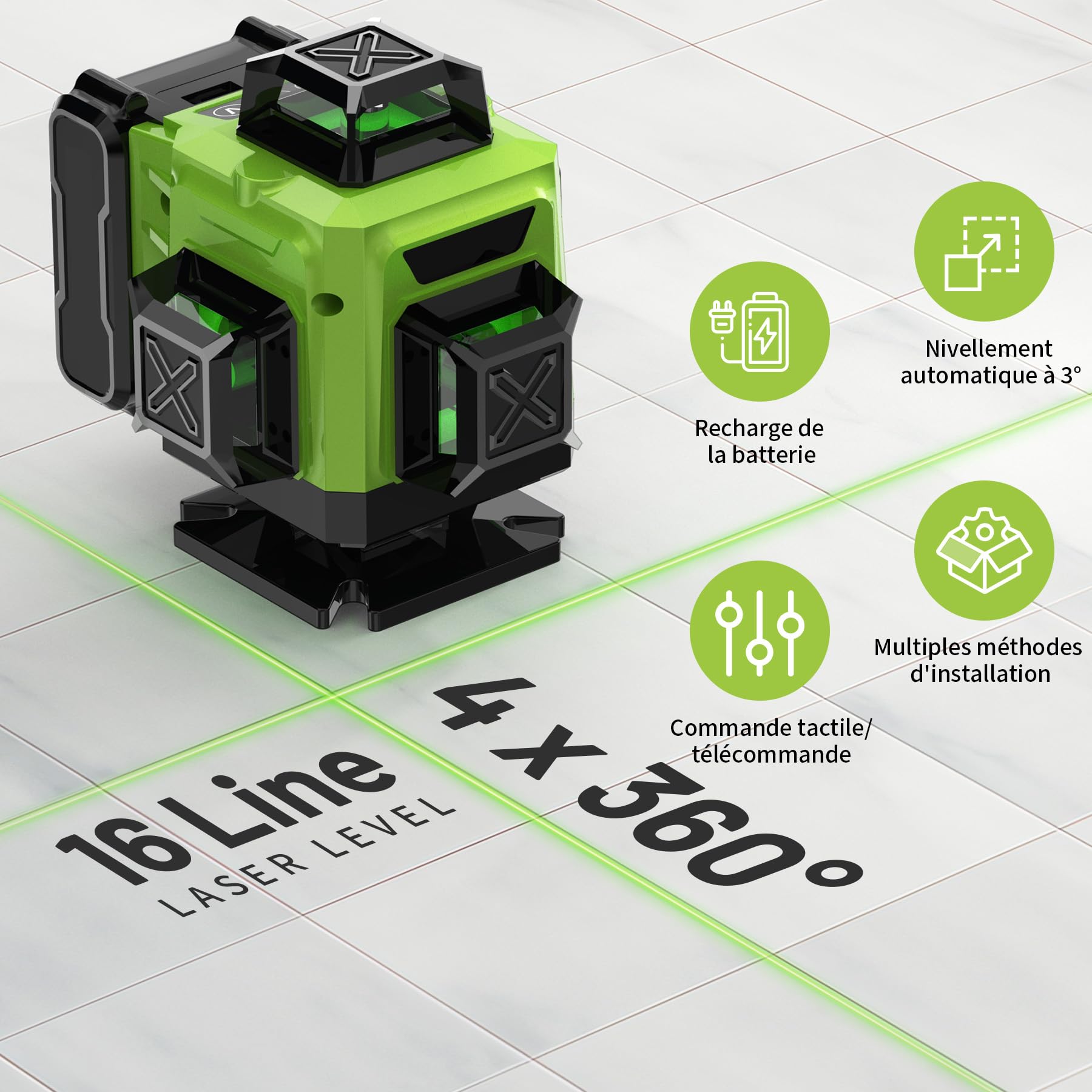 Niveau Laser Chantier Autonivelant 4 x 360°, 4D 16 Lazer Niveaux avec Trepied, Batterie Rechargeable, avec Support Mural, pour Décoration Intérieure, IP54 Étanche et Anti-Poussière