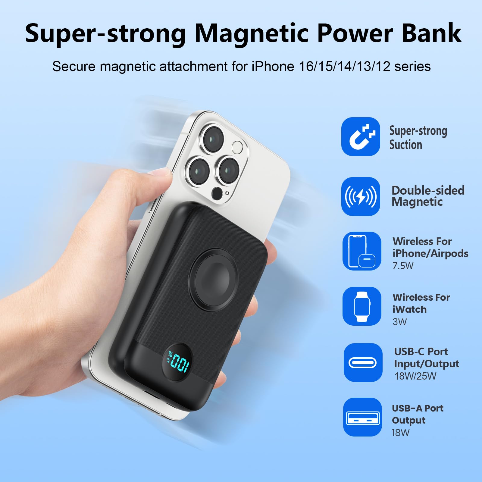 Cargador magnético portátil para iPhone y Apple Watch, 10800 mAh, 25 W, PD QC4.0, carga rápida, USB C, batería de viaje con imán de doble cara, 4 salidas para iPhone 17/Air/16/15/14/13/12 Series