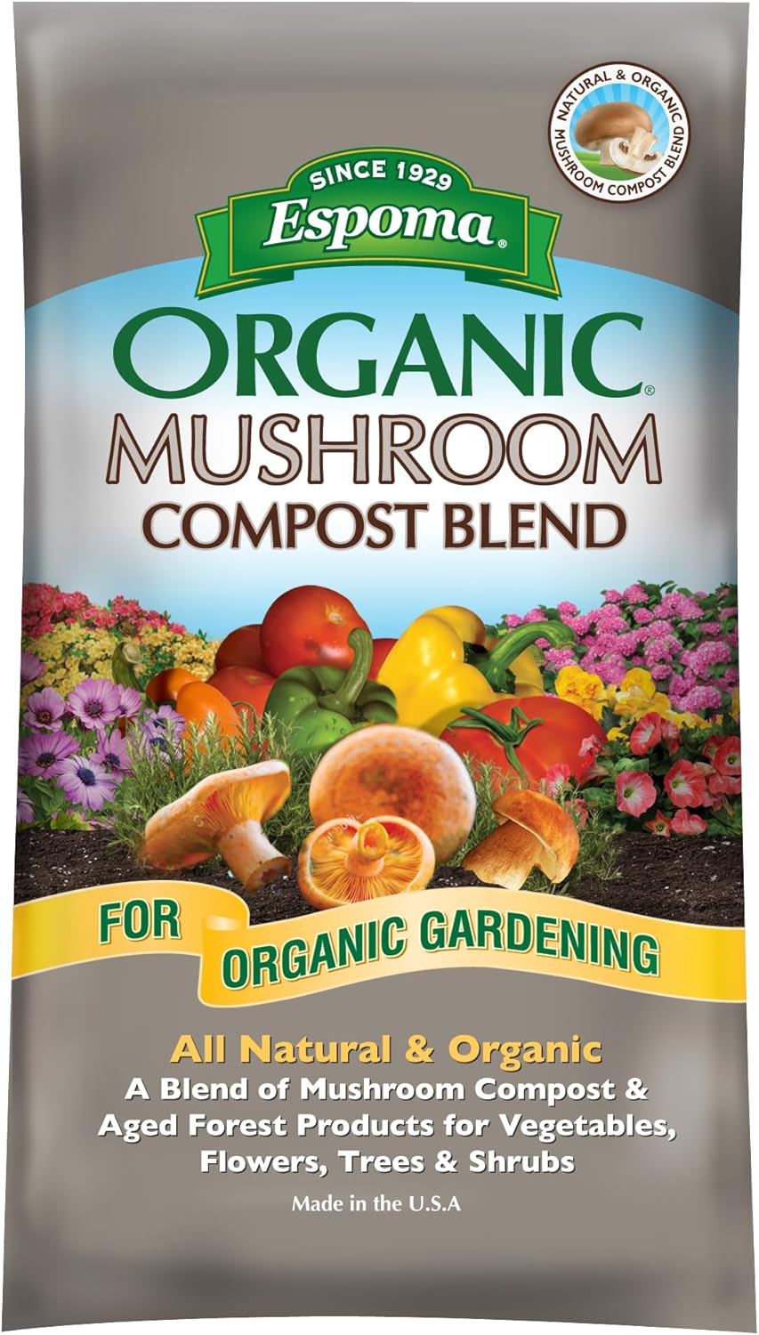 Espoma Organic Mushroom Compost Blend. Combines Rich Mushroom Compost with Aged Forest Products to Make The Perfect Soil Conditioner. 0.75 Cubic Foot Bag - Pack of One