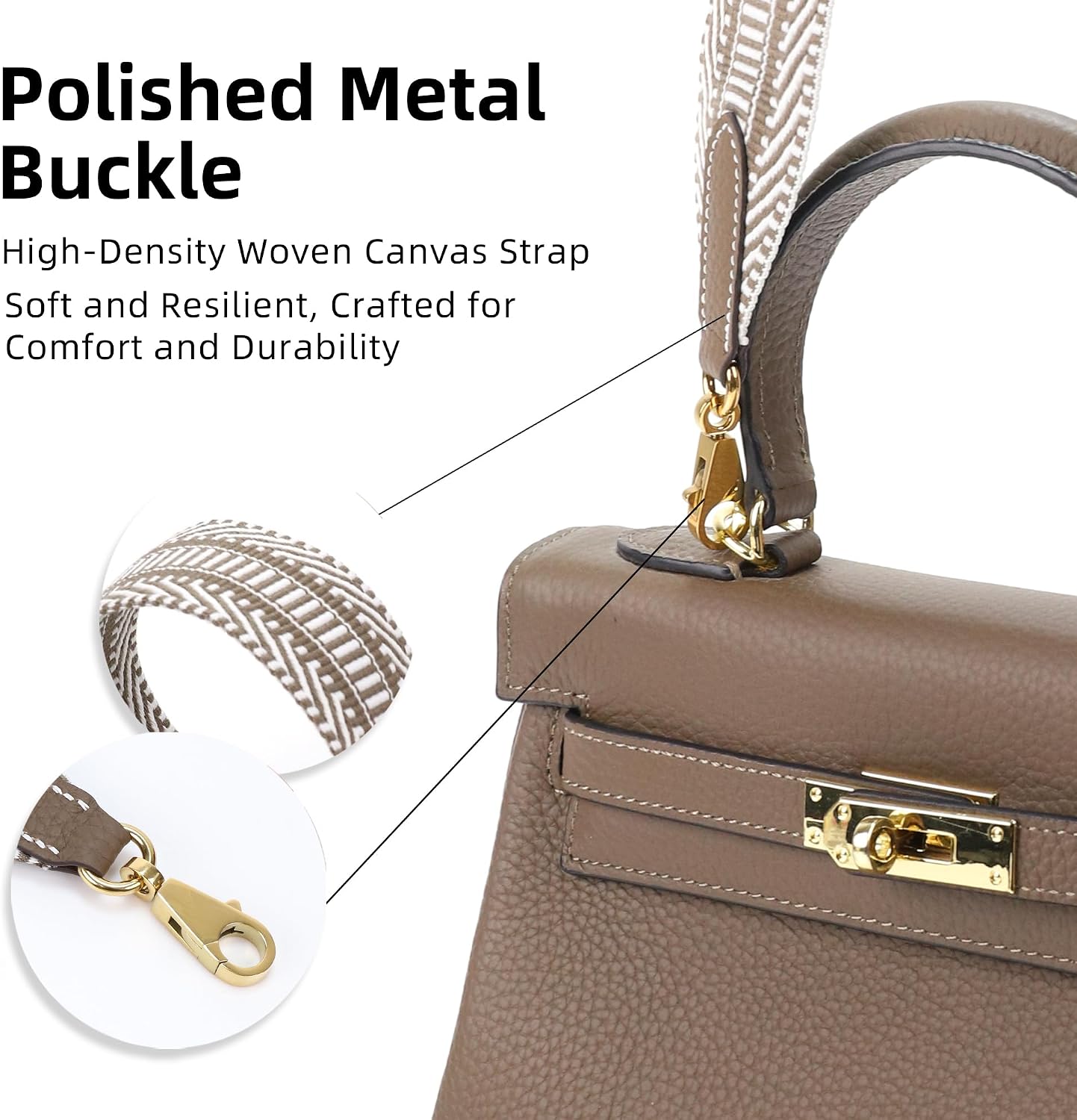 DGAZ High-Density Woven Canvas Shoulder Strap for Hermes Kelly, Handmade, Replaceable Crossbody Bags Strap(2 Inch Wide,27.6 Inch Long,Etoupe Grey(Gold Studs)