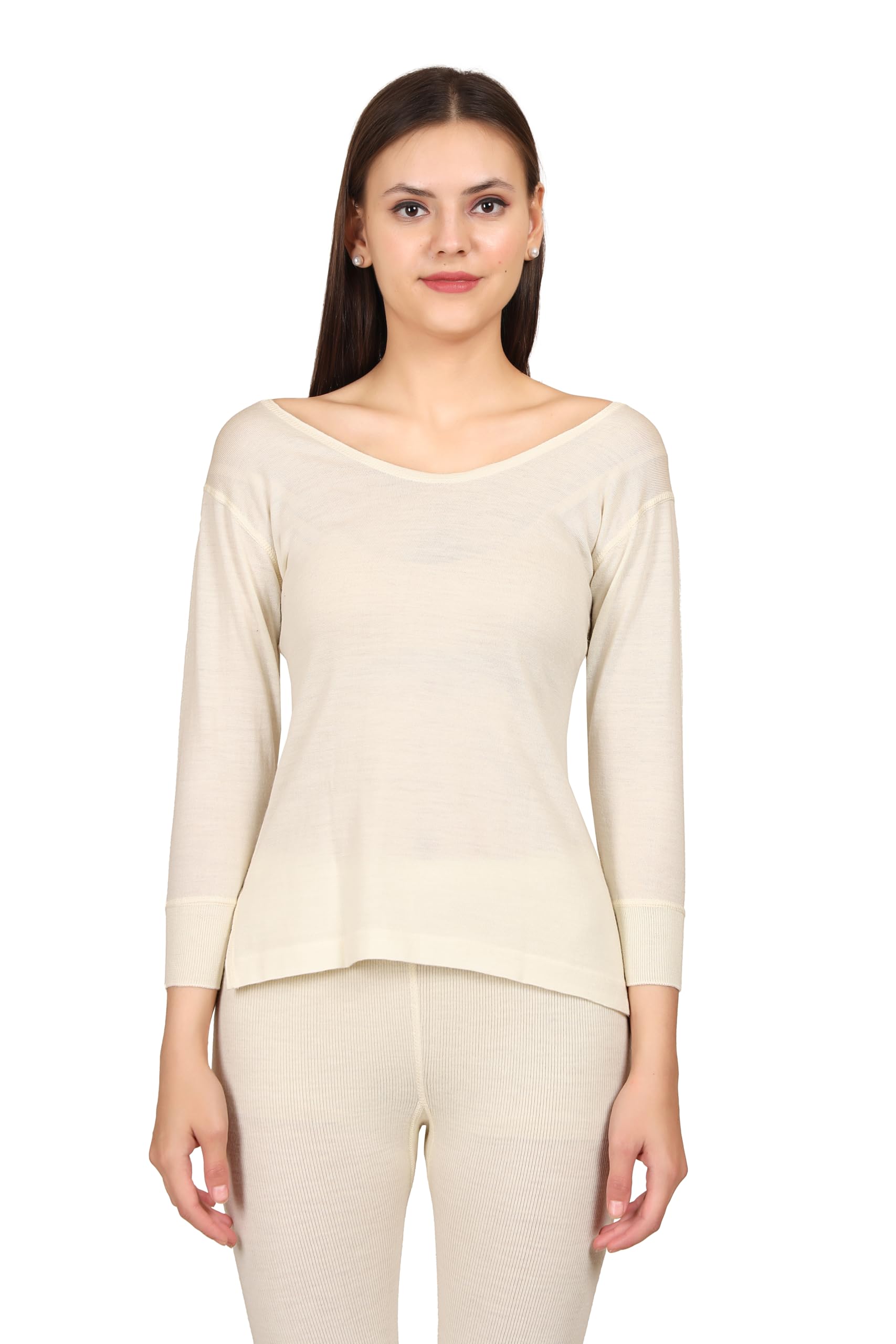 Women's Wool Thermal Top, Regular Fit, Round Neck, 3/4 Sleeve, Cream, Ribbed Knit Texture, Winter Wear, Medium Weight-image-19