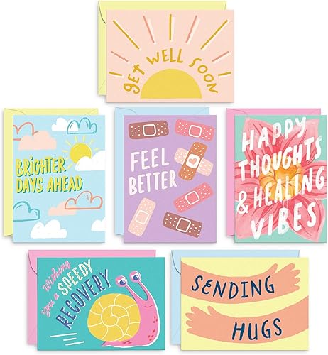 S&O Fun - Tarjetas de recuperación con sobres - Juego de 24 tarjetas coloridas de "Get Well Soon", regalos para hombres y mujeres, tarjeta Get