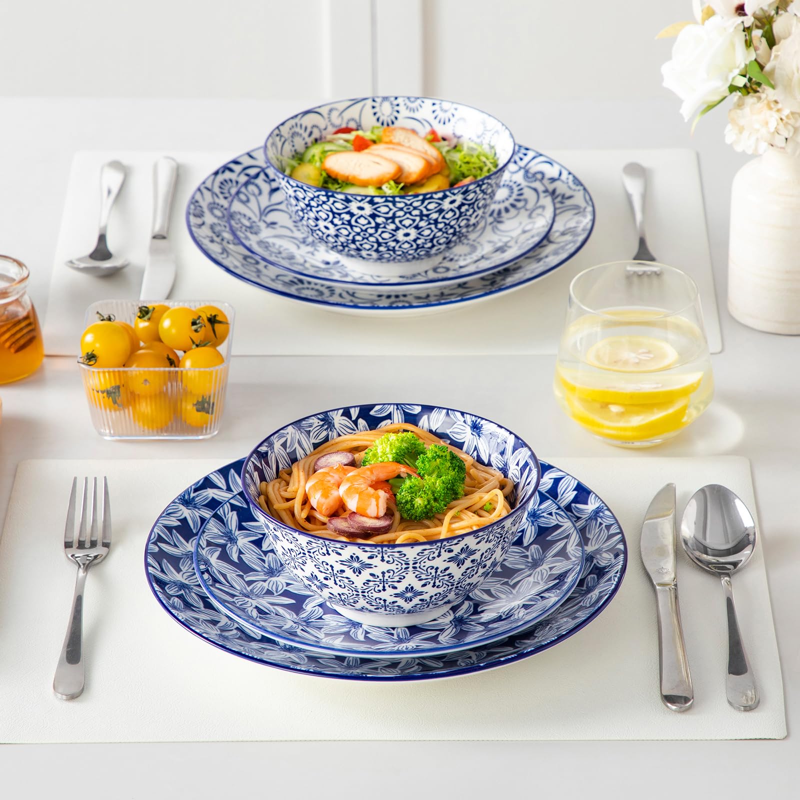 vancasso Serie SELENE - Set di 6 Ciotole per Colazione Cereali in Ceramica da 720 ml – Stile Cinese Blu e Bianco - Ciotole Cucina Adatte per Cereali, Insalata, Zuppa, Ramen, Pasta e Dessert