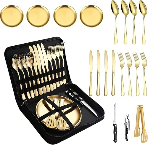 A  HOUSEWARE 20 Piece Flatware Set for 4,Outdoor Picnic Tableware Camping Dinnerware Set With Spoon Fork Knife, Portable Stainless Steel Flatware