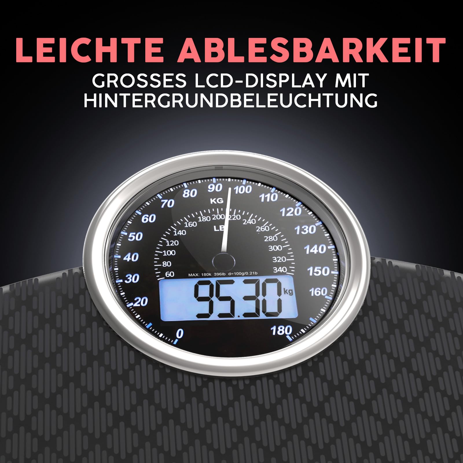 Hybrid Personenwaage - Analog & Digital, Präzise bis 180 kg | Gewicht auf Analogzifferblatt und LCD ablesen. Breite Glasplattform, 3 AAA Batterien inklusive, sofort einsatzbereit.