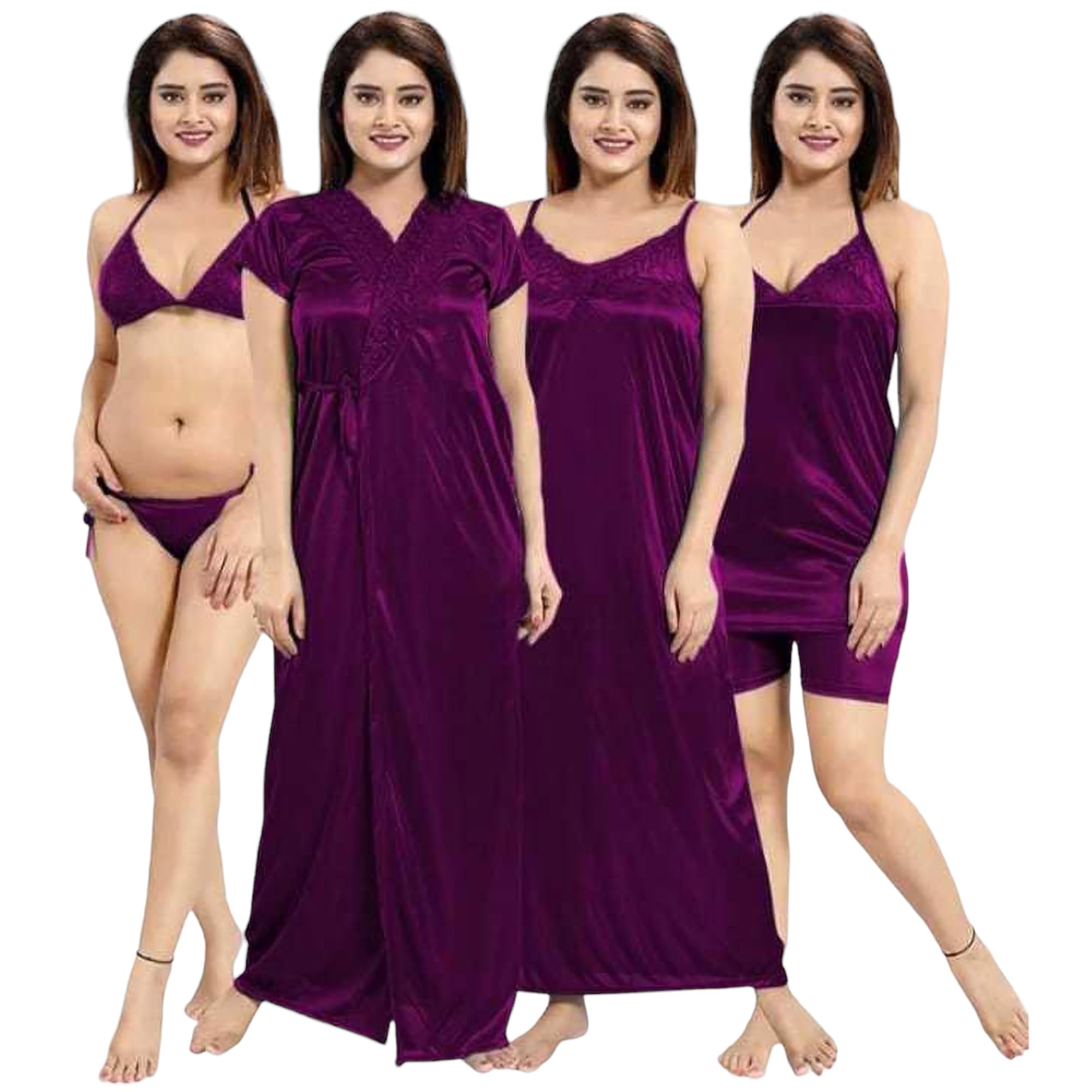 siami Apparels Solid Satin 6 Piece Nightwear Set (1 Robe, 1 Nighty, 1 Top, 1 Shorts, 1 Lingerie Set) for Women | Comfy & Stylish-picture-19