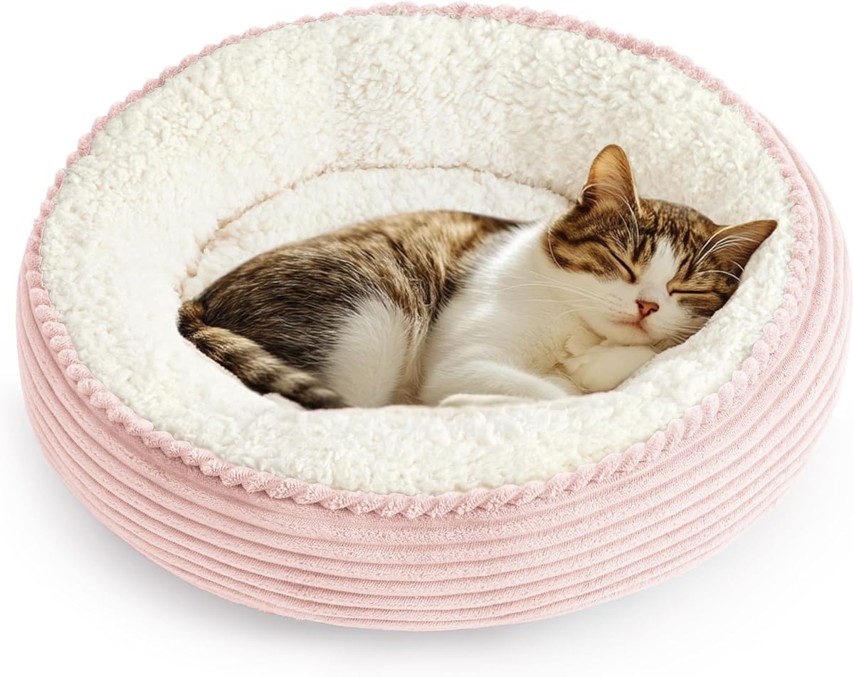 Love's Cabin Cama redonda con cojín para gatos y perros, cama para mascotas de 20.0 in para gatos o perros pequeños, parte inferior antideslizante y resistente al agua, camas para mascotas de tela súper suave y duradera, cama lavable de lujo para gatos y perros, rayas rosas