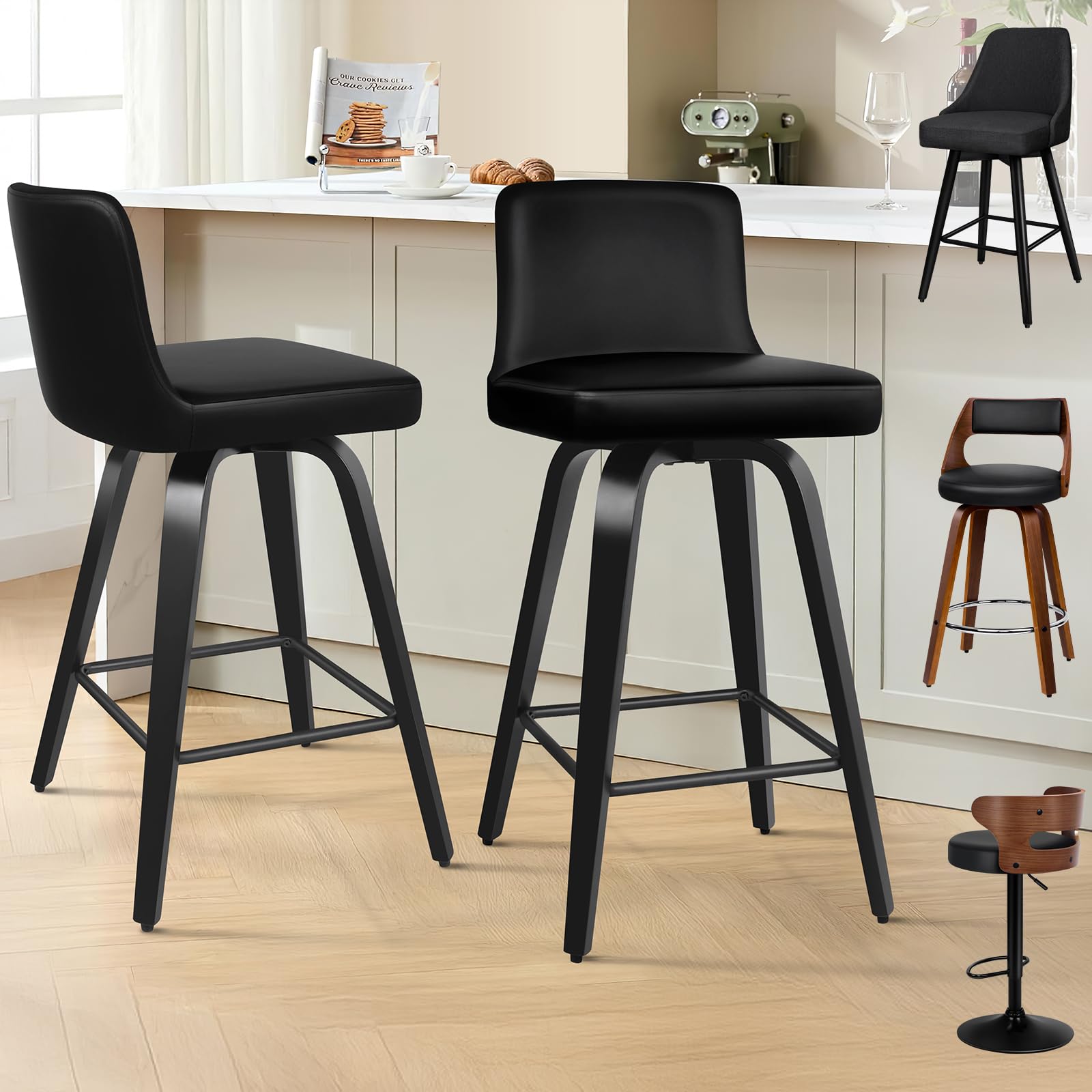 ALFORDSON Bar Stools Set of 2, Thick Padded Barstools, Kitchen Chairs with Backrest and Footrest, for Breakfast Dining Room Countertop, 150KG Loads, PU Leather, All Black โ image 1