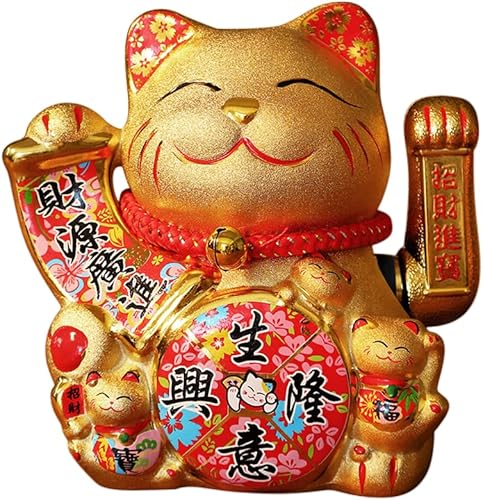 XIZHI Gato de la suerte dorado de 7 pulgadas con brazo dorado agitado operado por Feng Shui Deoration Lucky Fortune Cat para tiendas, restaurantes,