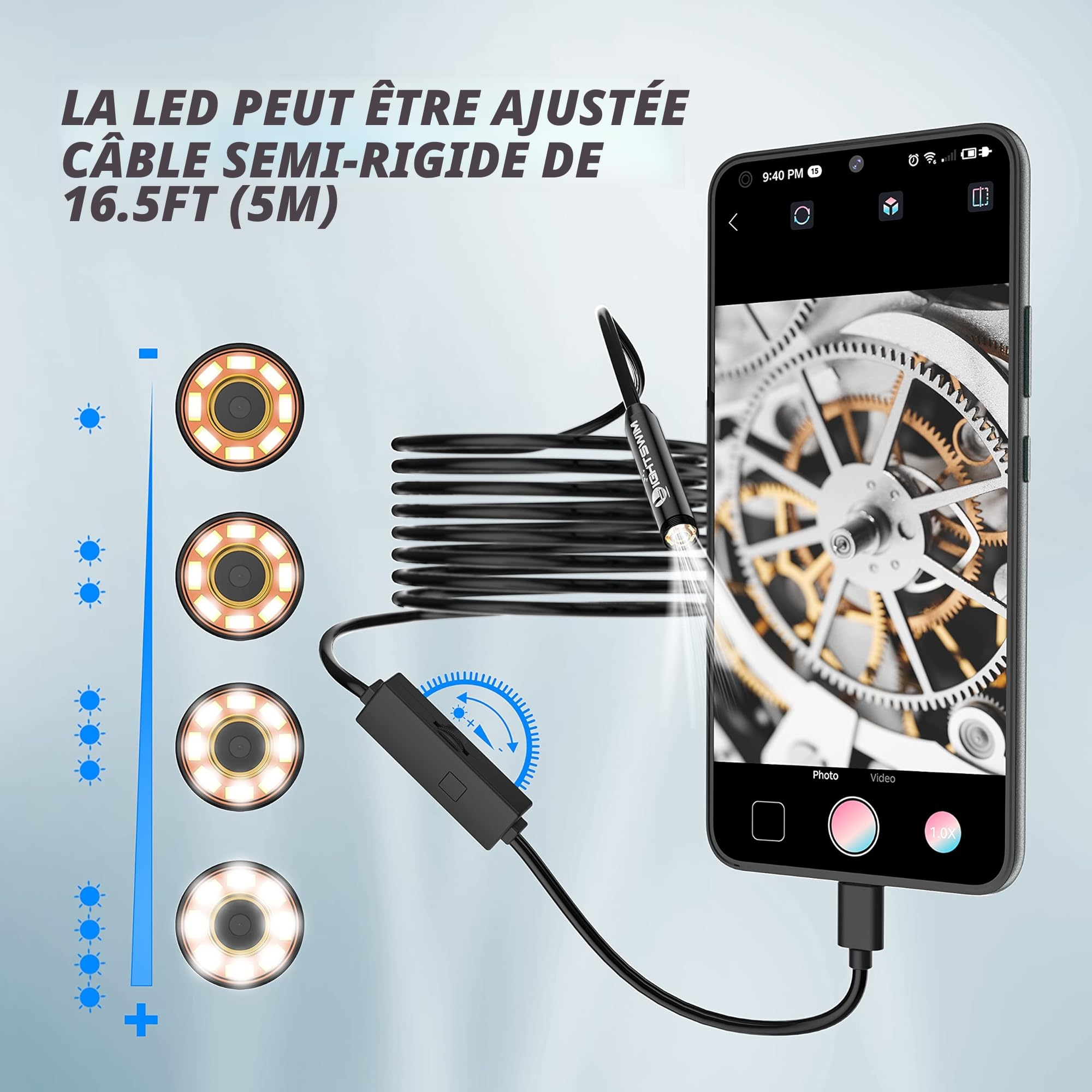 Lightswim Caméra d'inspection Serpent endoscopique à Double Objectif 1920P, caméra endoscopique de Type C avec 8 lumières LED pour Smartphone Android et iOS, iPhone, iPad, Samsung (16,5 Pieds/5 m)