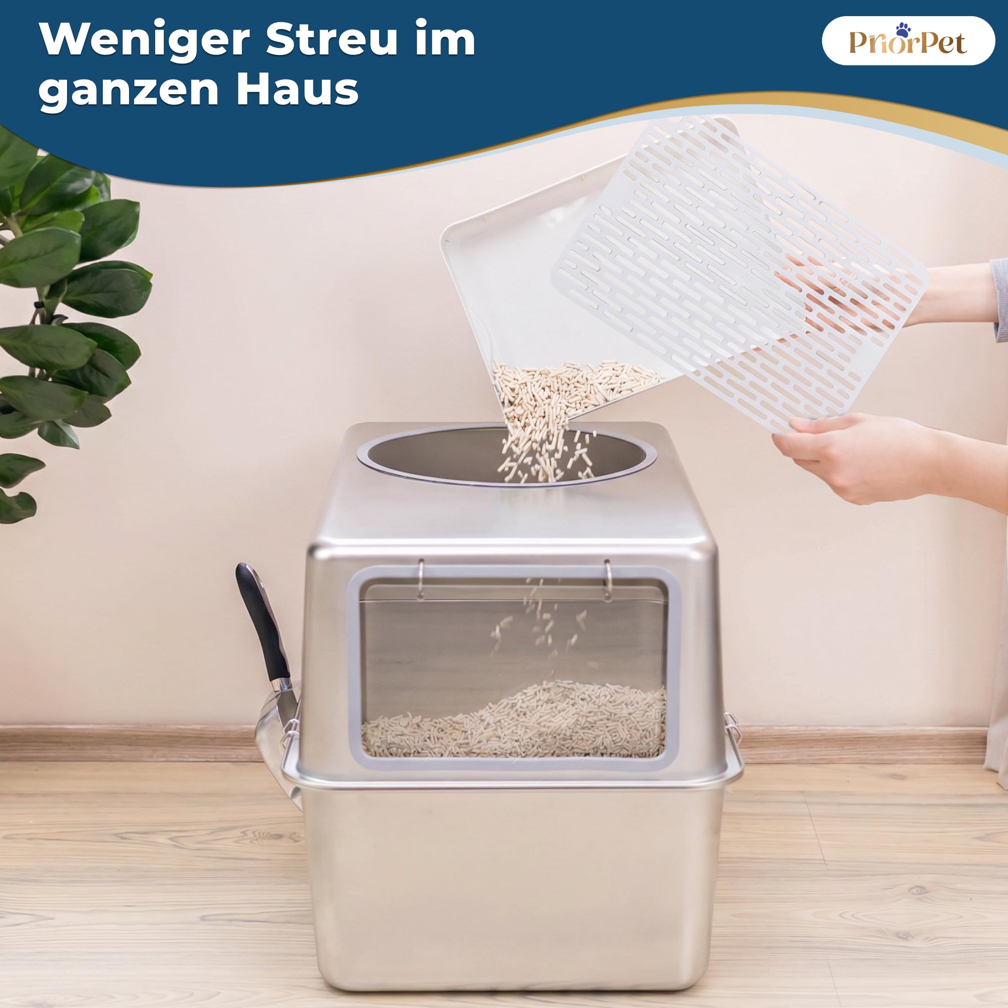 Katzenklo Edelstahl XXL mit Deckel – Katzenklo mit Frontklappe & Top-Einstieg – 38L Katzentoilette Edelstahl – 60x41,5x40 cm – Leicht zu Reinigen & Geruchsresistent mit Streufang-Stufe