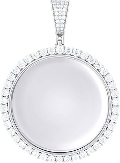 14K White Gold Look 925 Sterling Silver Round Moissanite Memory Picture Frame Charm Pendant - Unisex Fine Jewelry