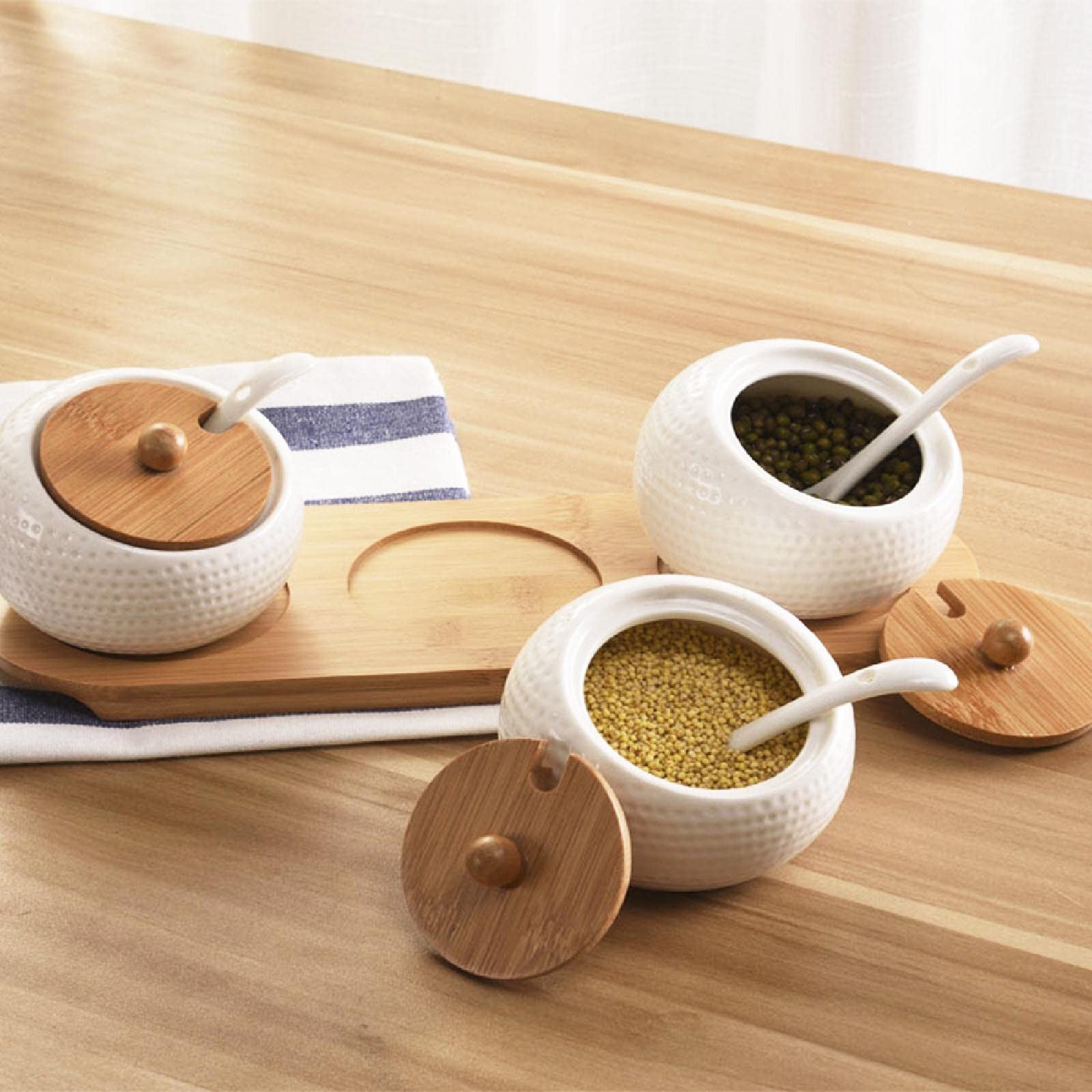 Set di vasetti per spezie in ceramica con vasetti da portata e supporto in bambù per zucchero, servire, tè, caffè, spezie, sale