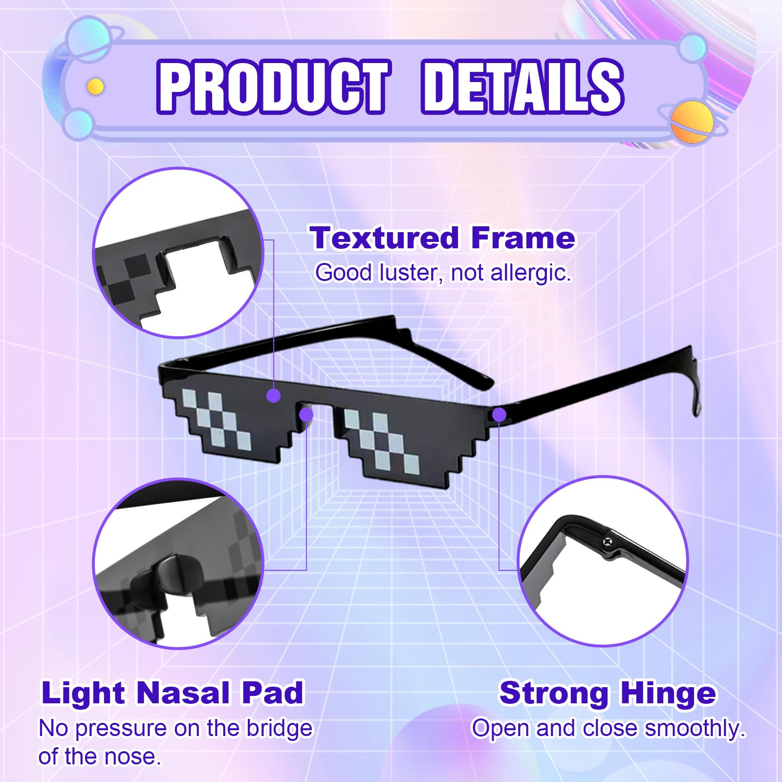 12 works Cool Thug Glassess, 6 Colors Pixel Sunglasses, Photo Props Unisex Glasses, Retro Plastic Sunglasses - Image 3